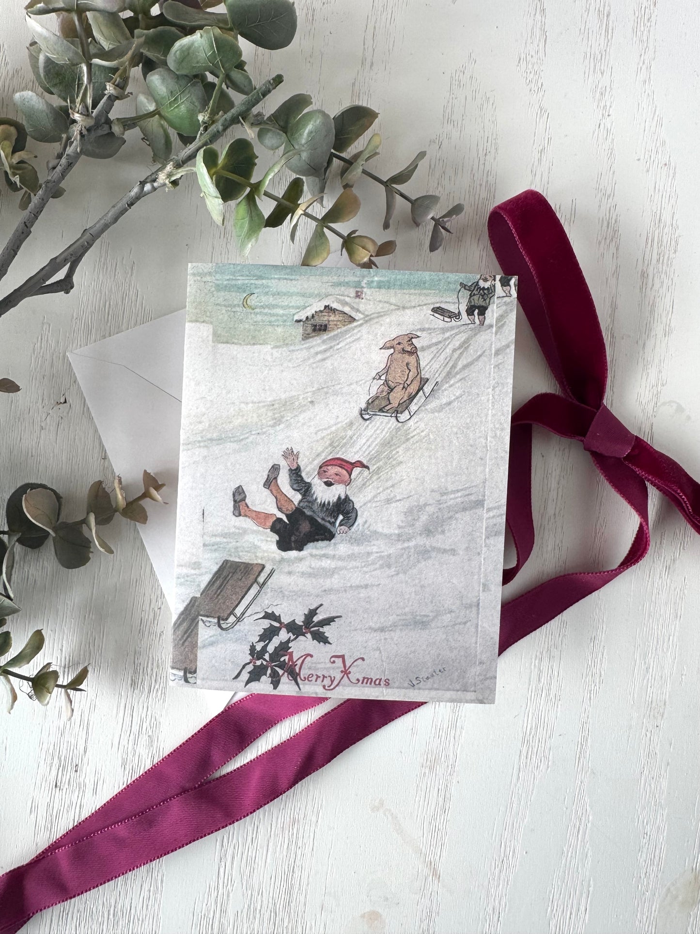 Santa and Cute Pig Funny Christmas Card, Vintage Christmas Card - Holiday Cards, New Years, Vintage Prints, Greeting Cards