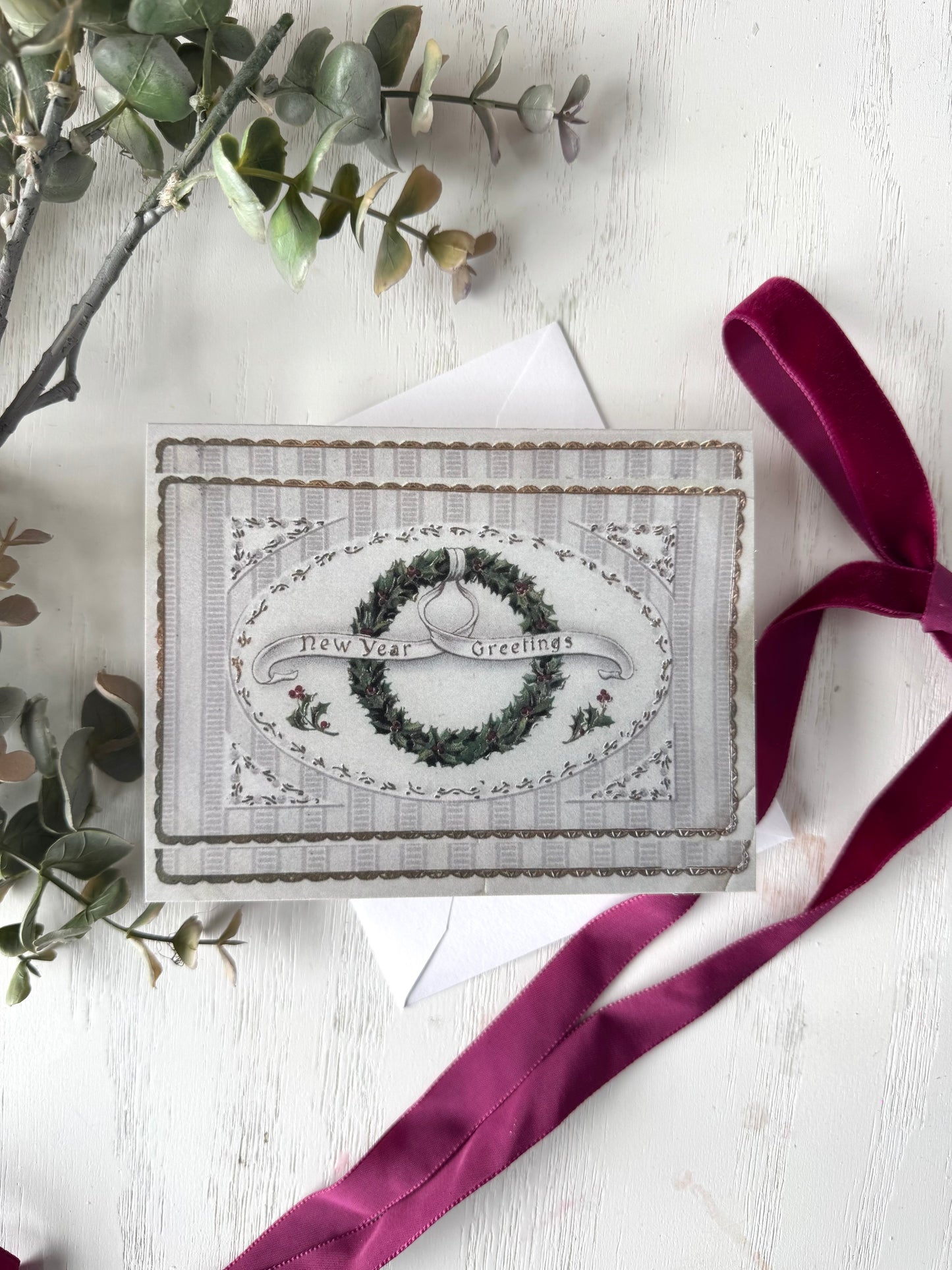 Gold and Green New Years Card, Vintage Christmas Card - Holiday Cards, New Years, Vintage Prints, Greeting Cards