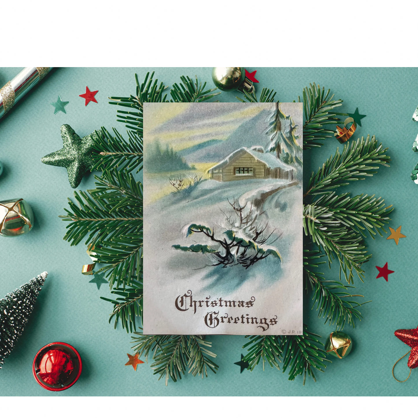 Retro Snowy Pastel Christmas Card, Vintage Christmas Card - Holiday Cards, New Years, Vintage Prints, Greeting Cards