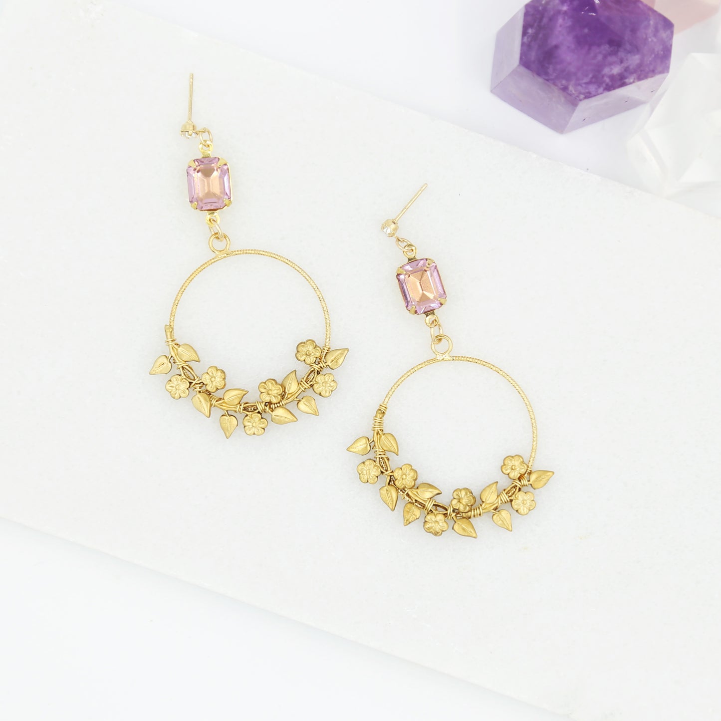 Amethyst and Floral Vine Statement Earrings