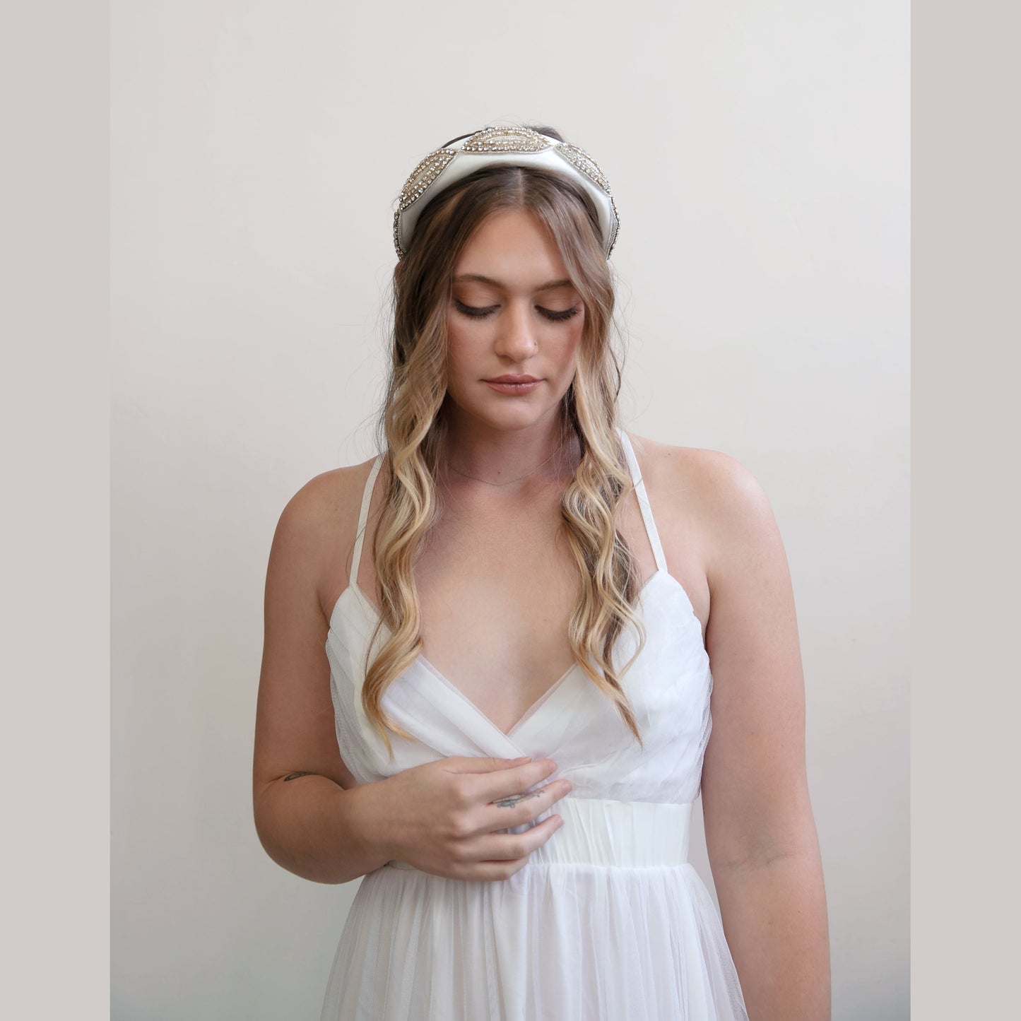 Charlotte - Large Padded White and Sparkling Silver Headband