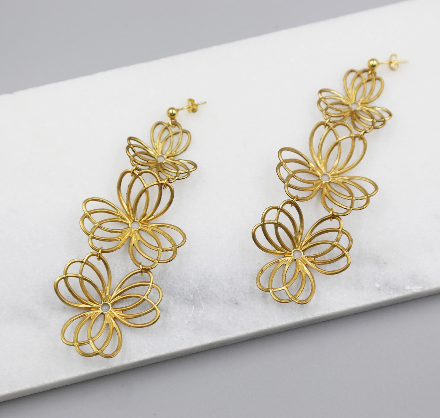 Triple Flower Statement Earrings, gold earrings, bridal earrings