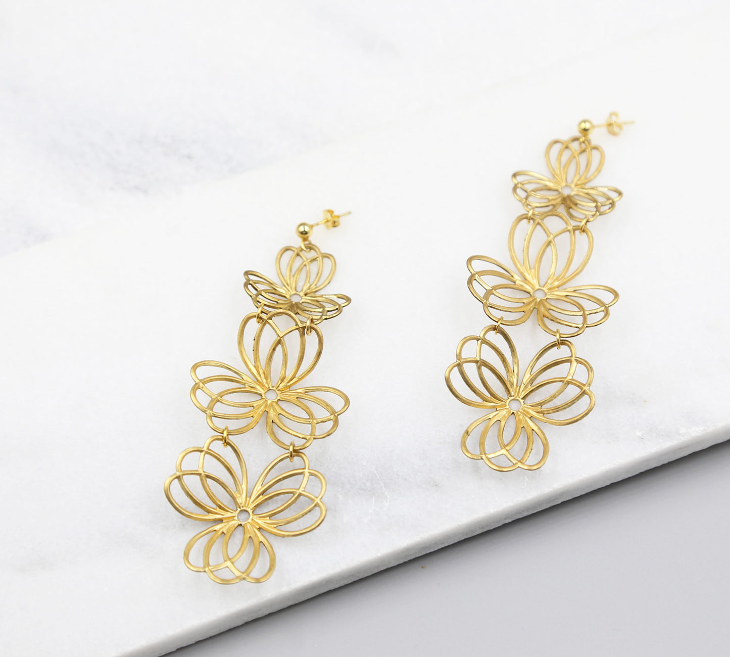 Triple Flower Statement Earrings, gold earrings, bridal earrings