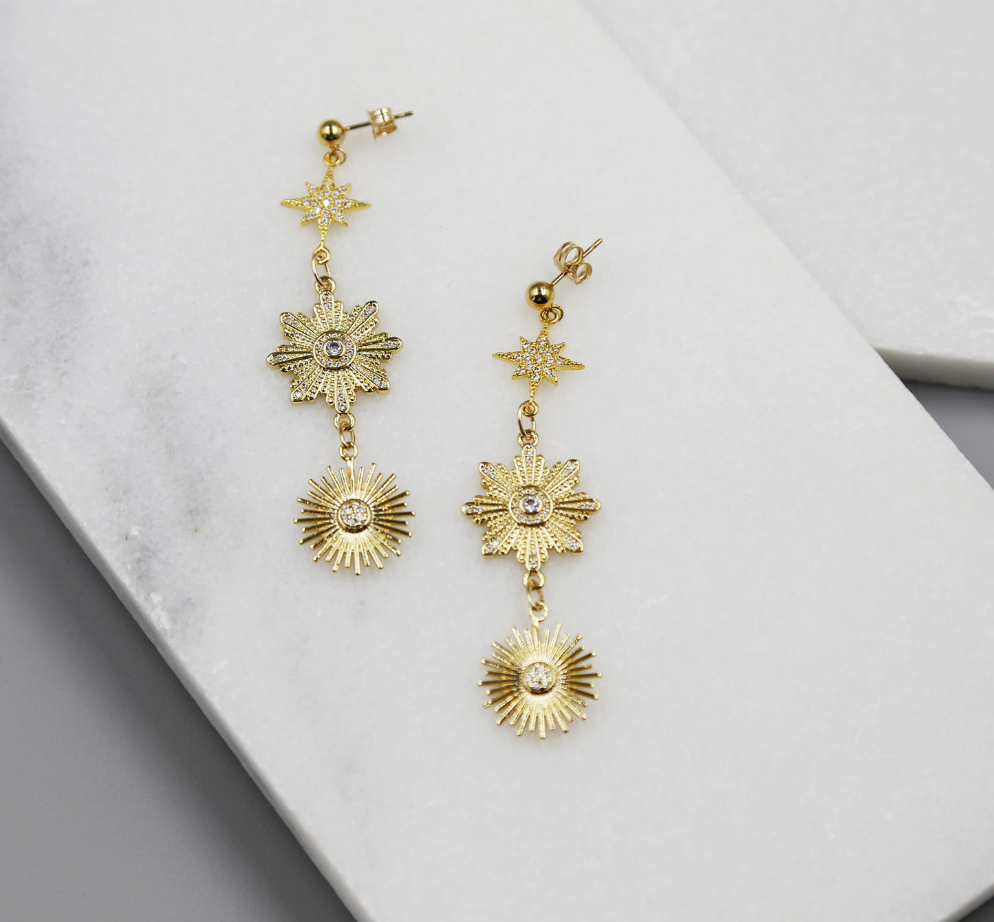 Triple Star Gold Cascading Earrings