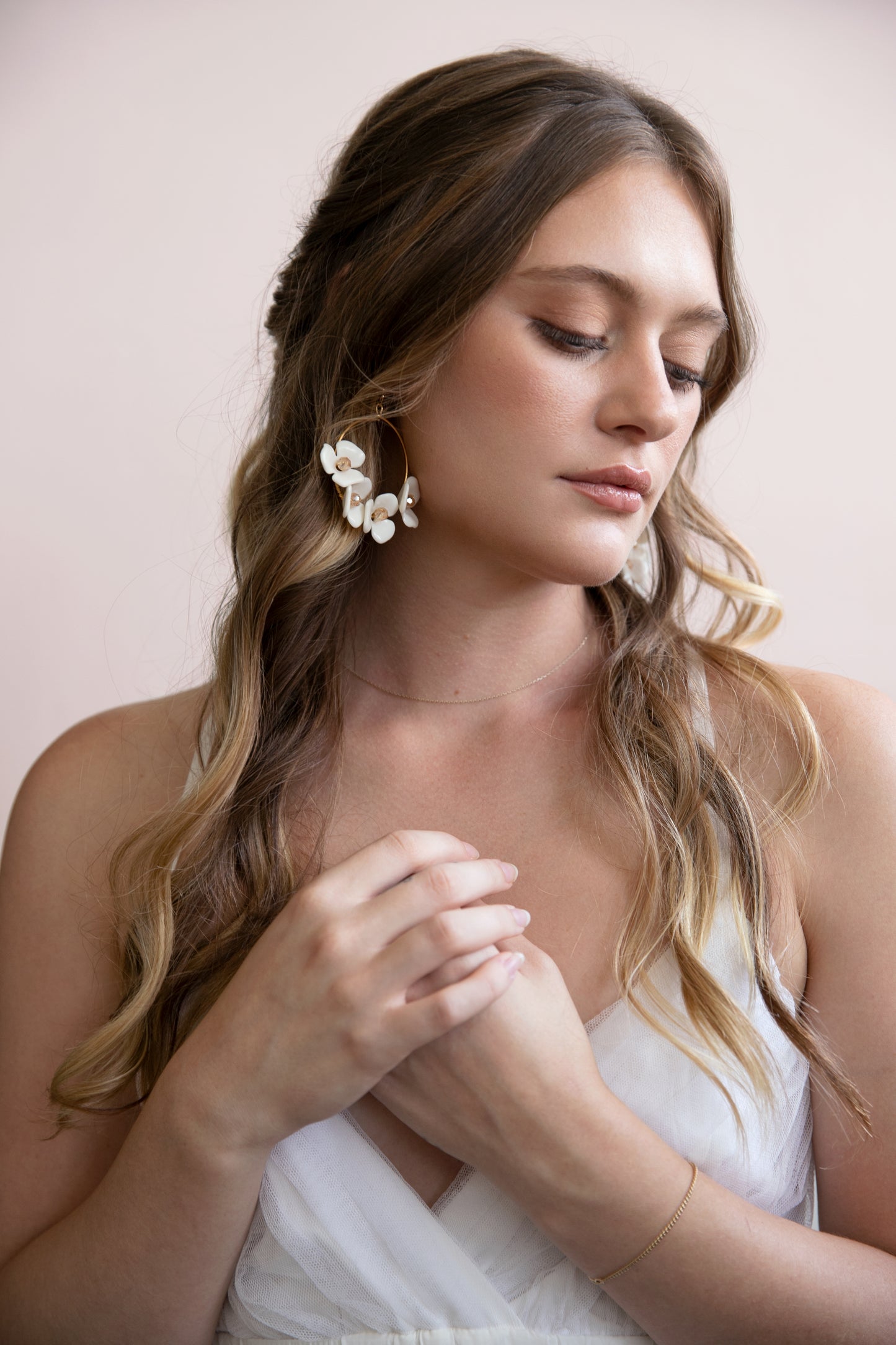 Ivy - White Floral and Gold Hoop Statement Earrings