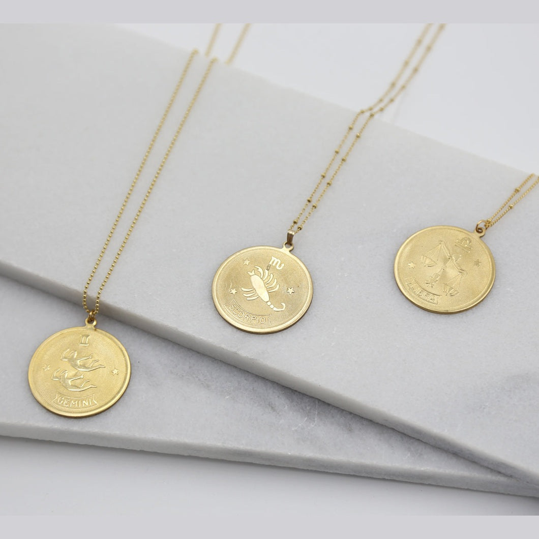 Large Medallion Zodiac Horoscope Necklace - Astrology, Constellation Necklace