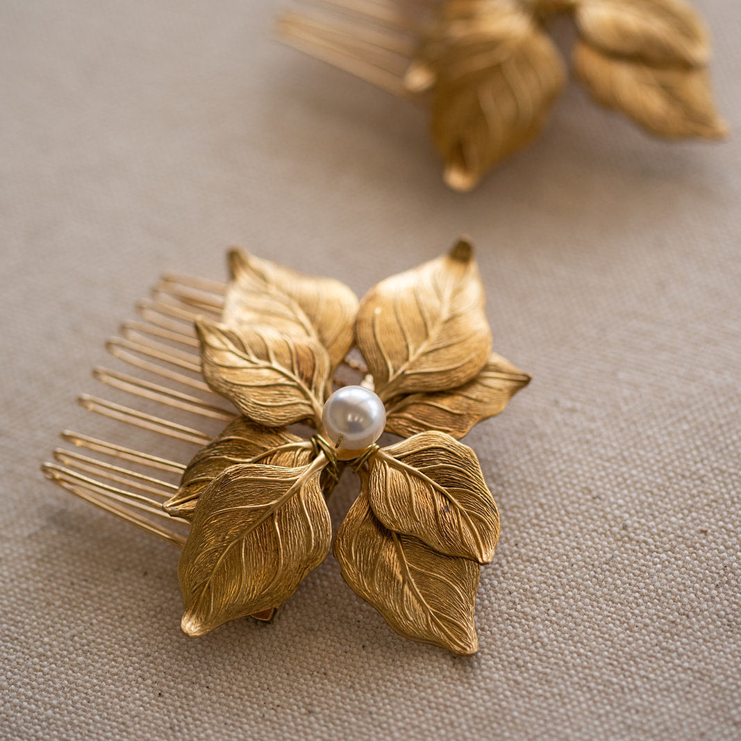 Set of Two Golden Leaf Pearl Combs – Bridal Hair Accessories, Wedding Updo Adornment