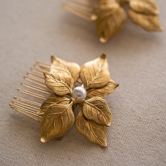 Set of Two Golden Leaf Pearl Combs – Bridal Hair Accessories, Wedding Updo Adornment