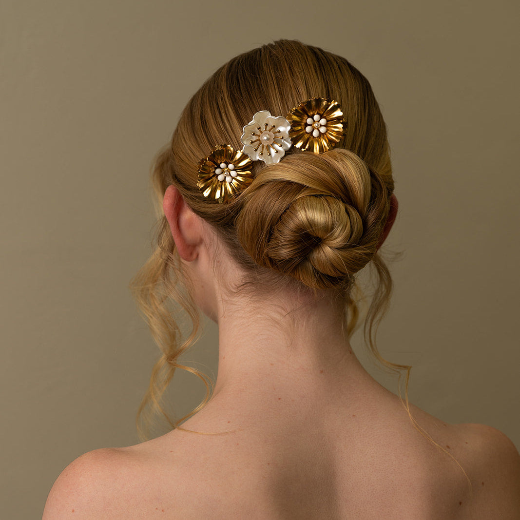 Ruffled Flower Gold and White Hairpins - Bridal hair pice, wedding hair piece, barrettes