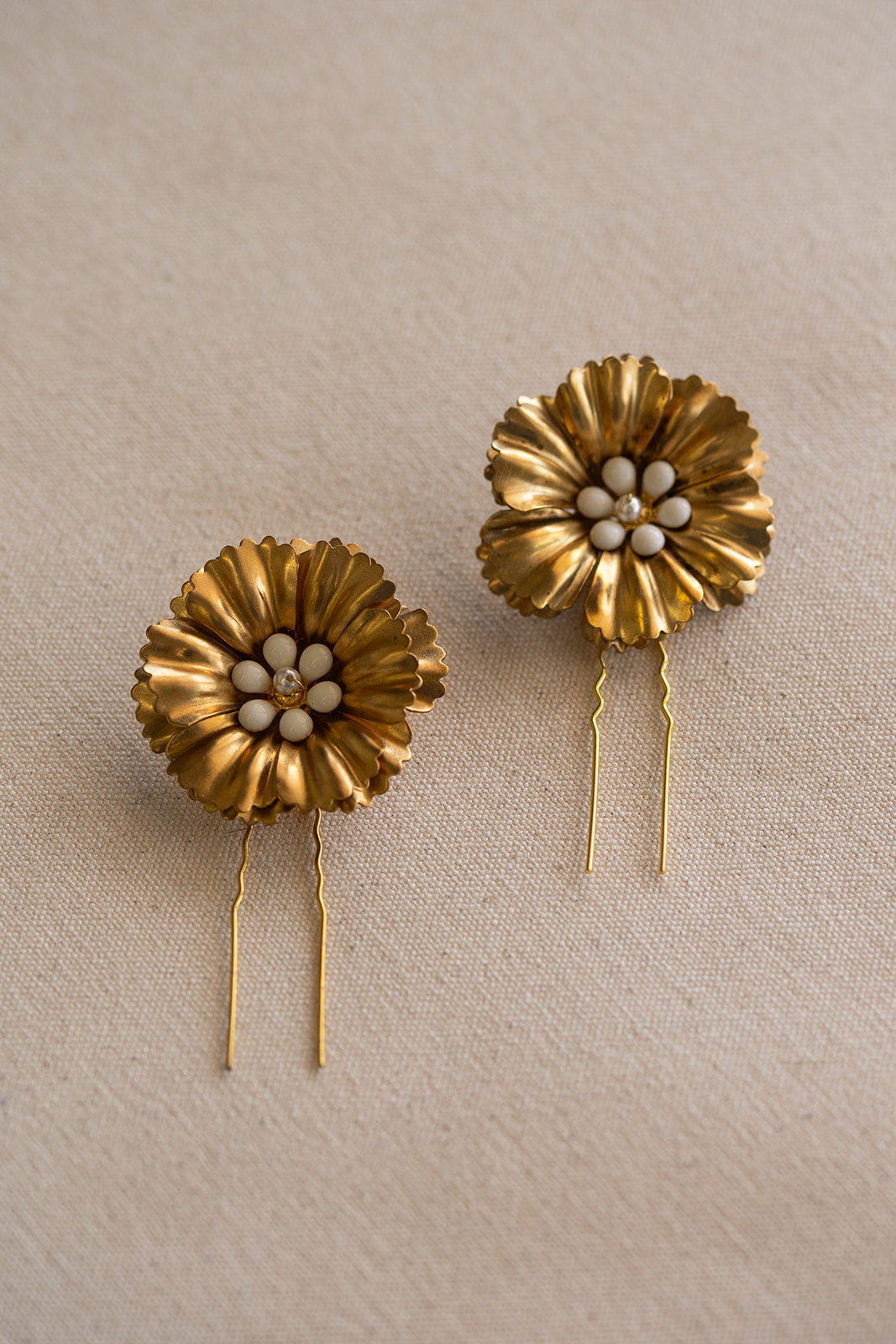 Ruffled Flower Gold and White Hairpins - Bridal hair pice, wedding hair piece, barrettes