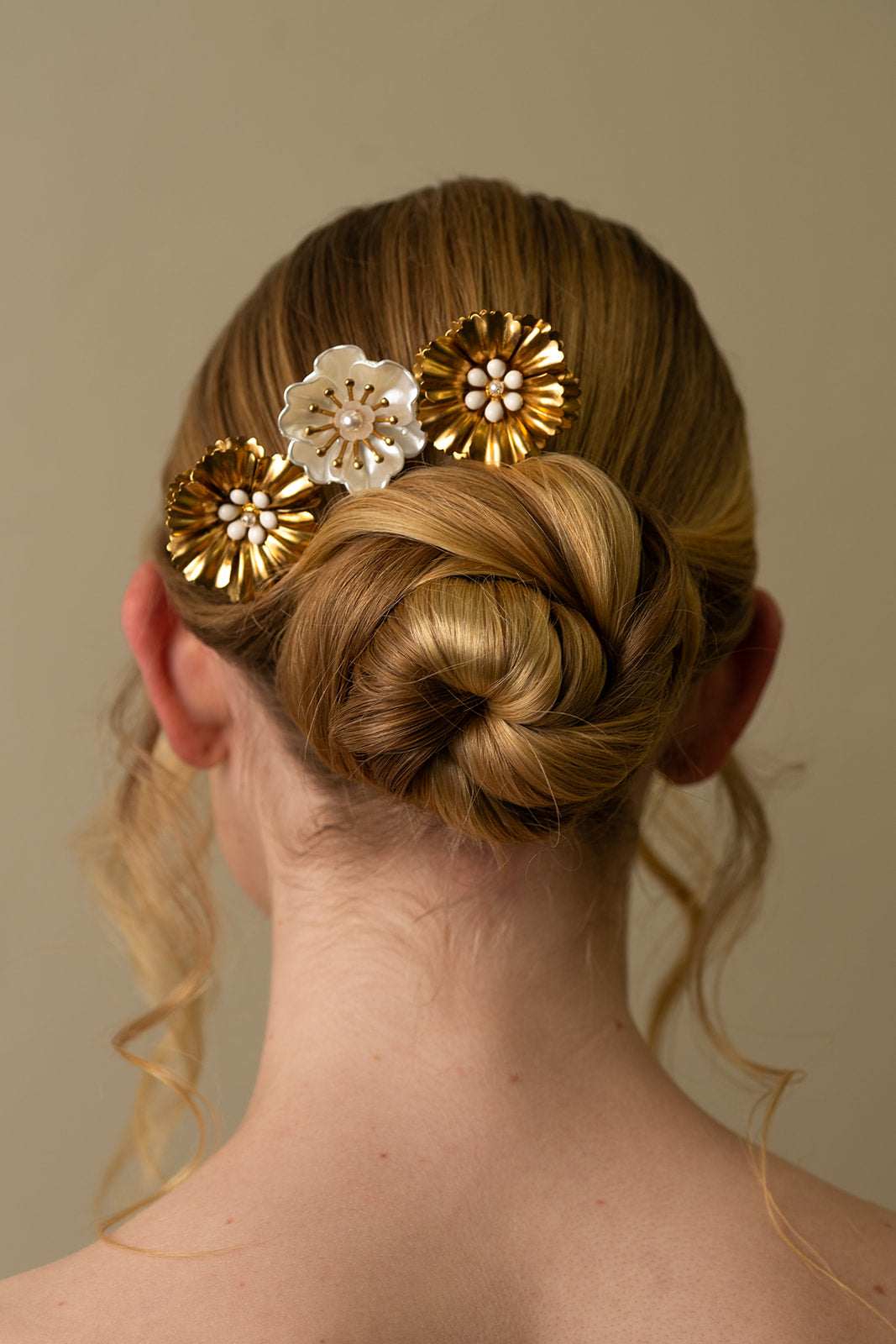 Ruffled Flower Gold and White Hairpins - Bridal hair pice, wedding hair piece, barrettes