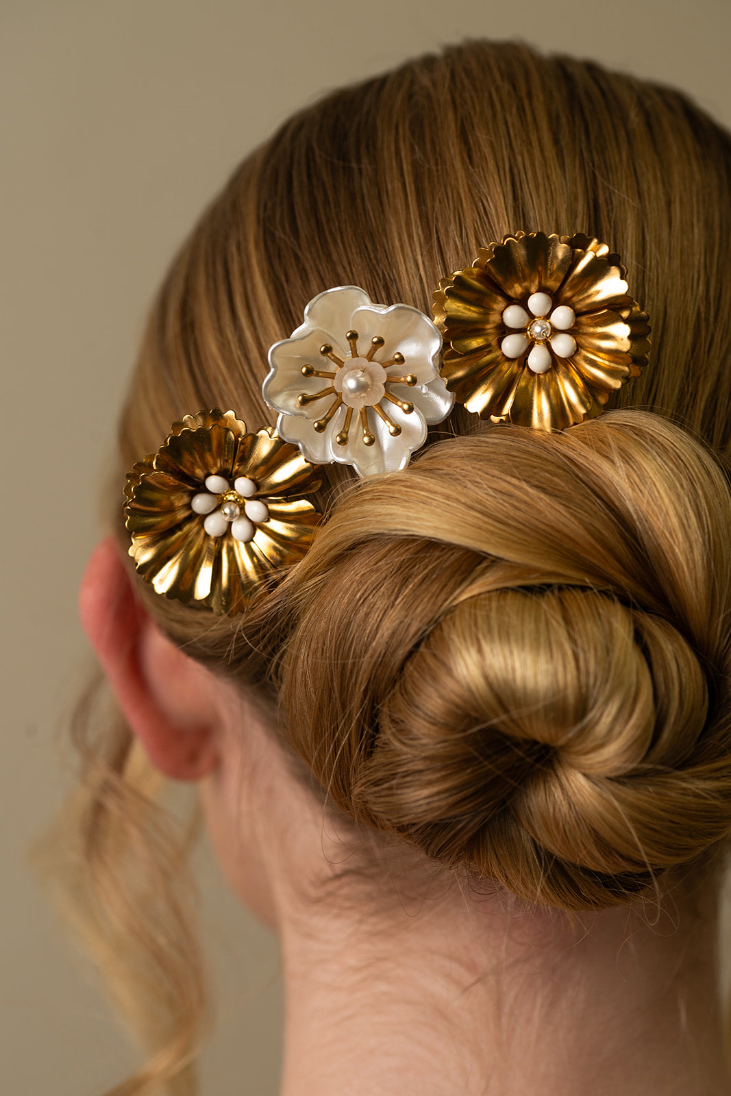 Ruffled Flower Gold and White Hairpins - Bridal hair pice, wedding hair piece, barrettes