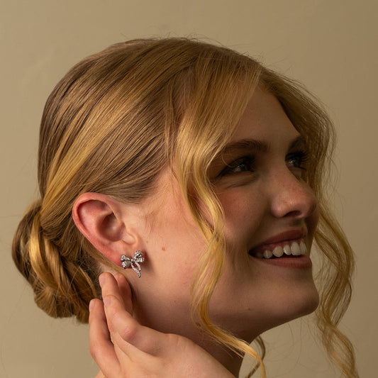 Sparkling Silver Bow Stud Earrings