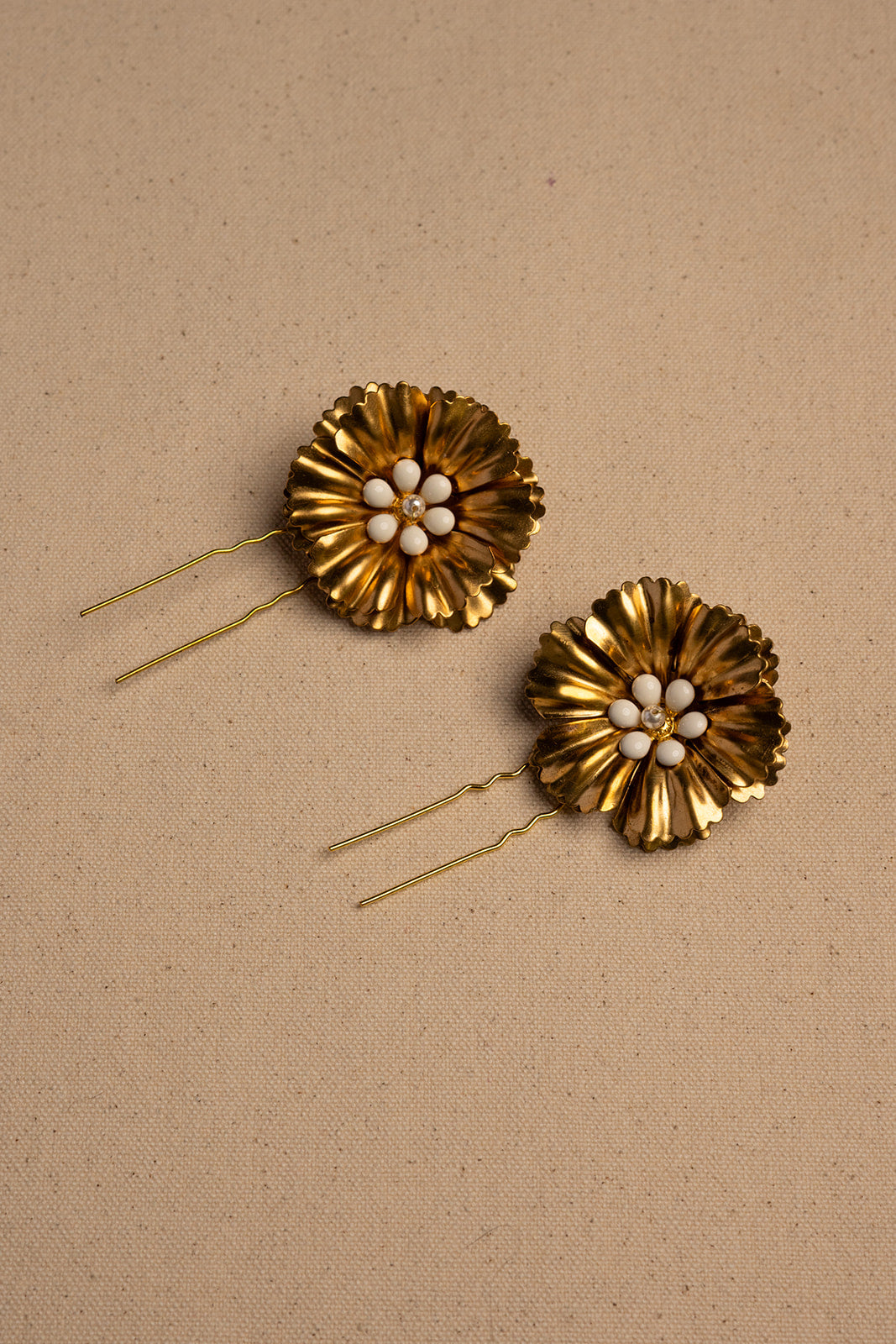Ruffled Flower Gold and White Hairpins - Bridal hair pice, wedding hair piece, barrettes