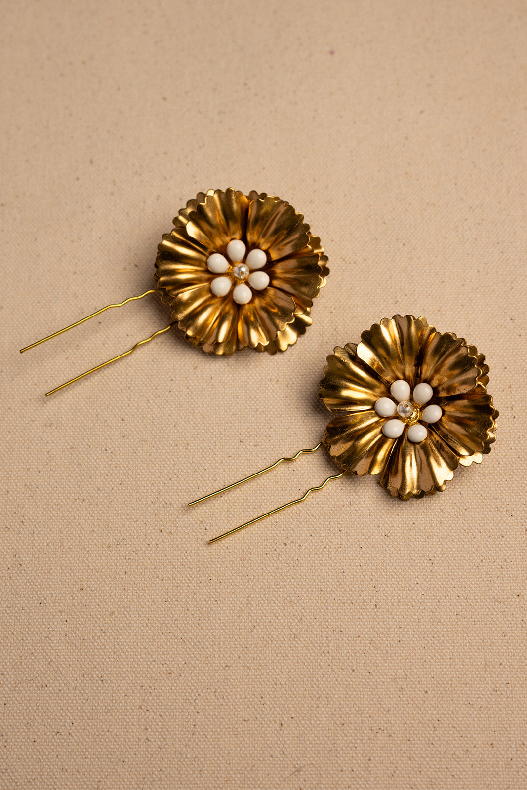Ruffled Flower Gold and White Hairpins - Bridal hair pice, wedding hair piece, barrettes