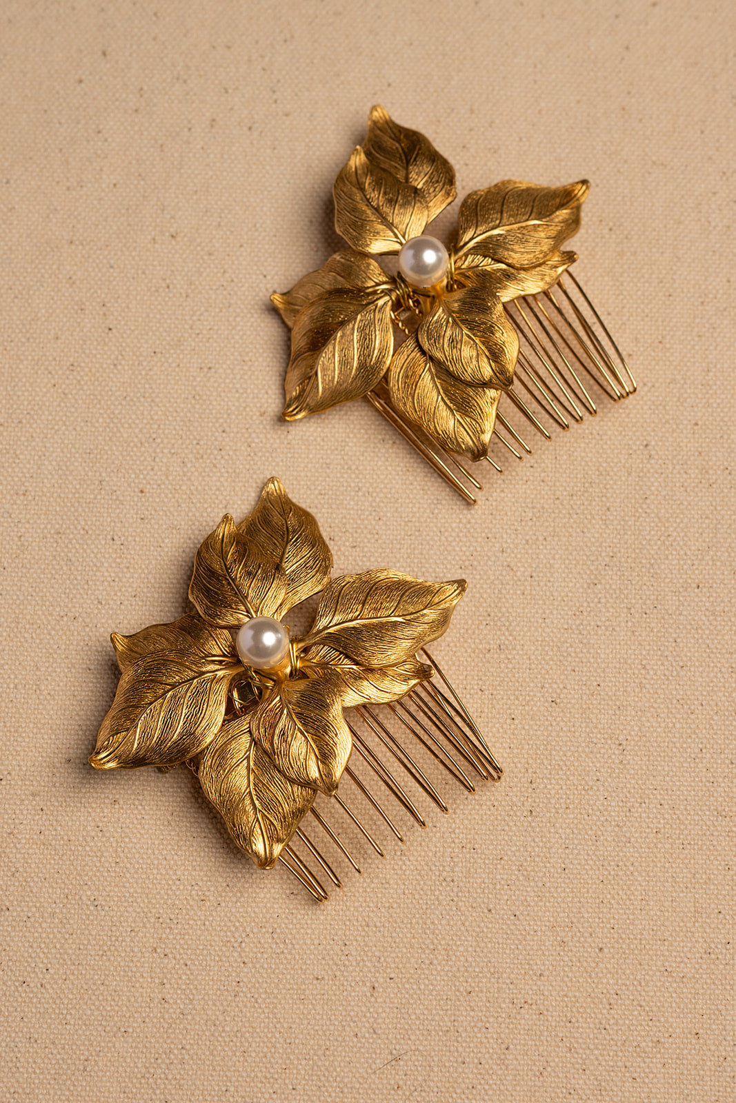 Set of Two Golden Leaf Pearl Combs – Bridal Hair Accessories, Wedding Updo Adornment
