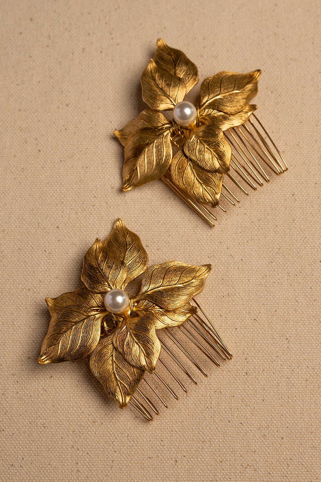 Set of Two Golden Leaf Pearl Combs – Bridal Hair Accessories, Wedding Updo Adornment