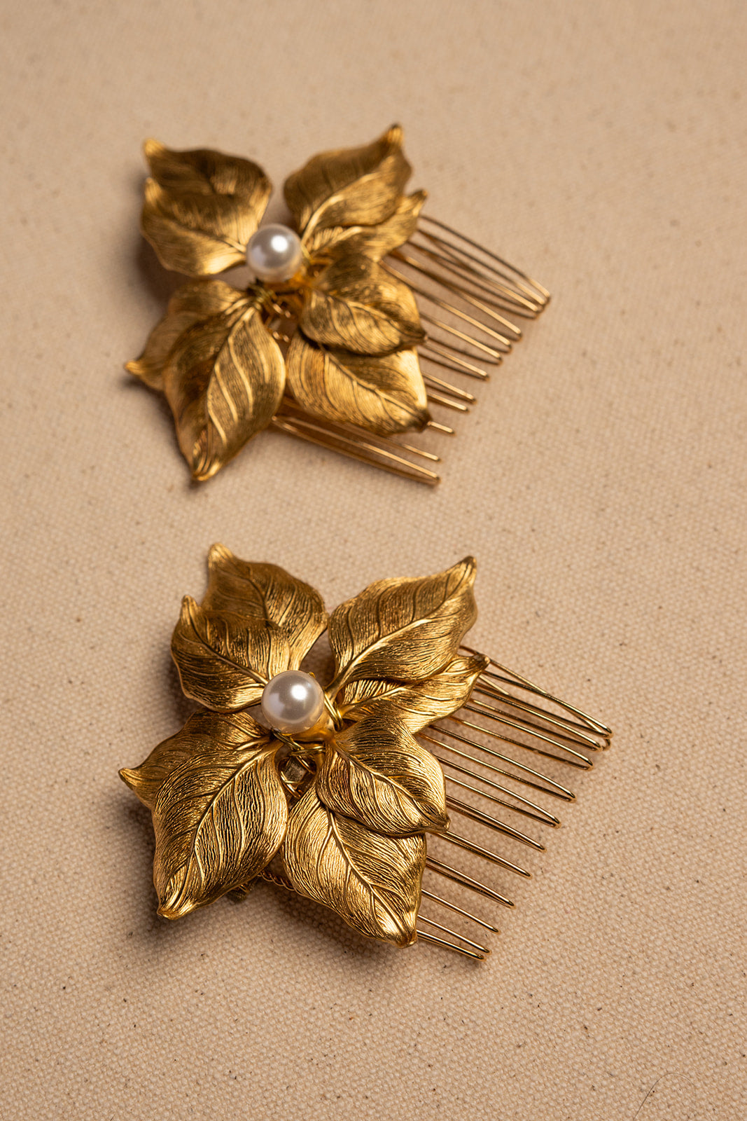 Set of Two Golden Leaf Pearl Combs – Bridal Hair Accessories, Wedding Updo Adornment