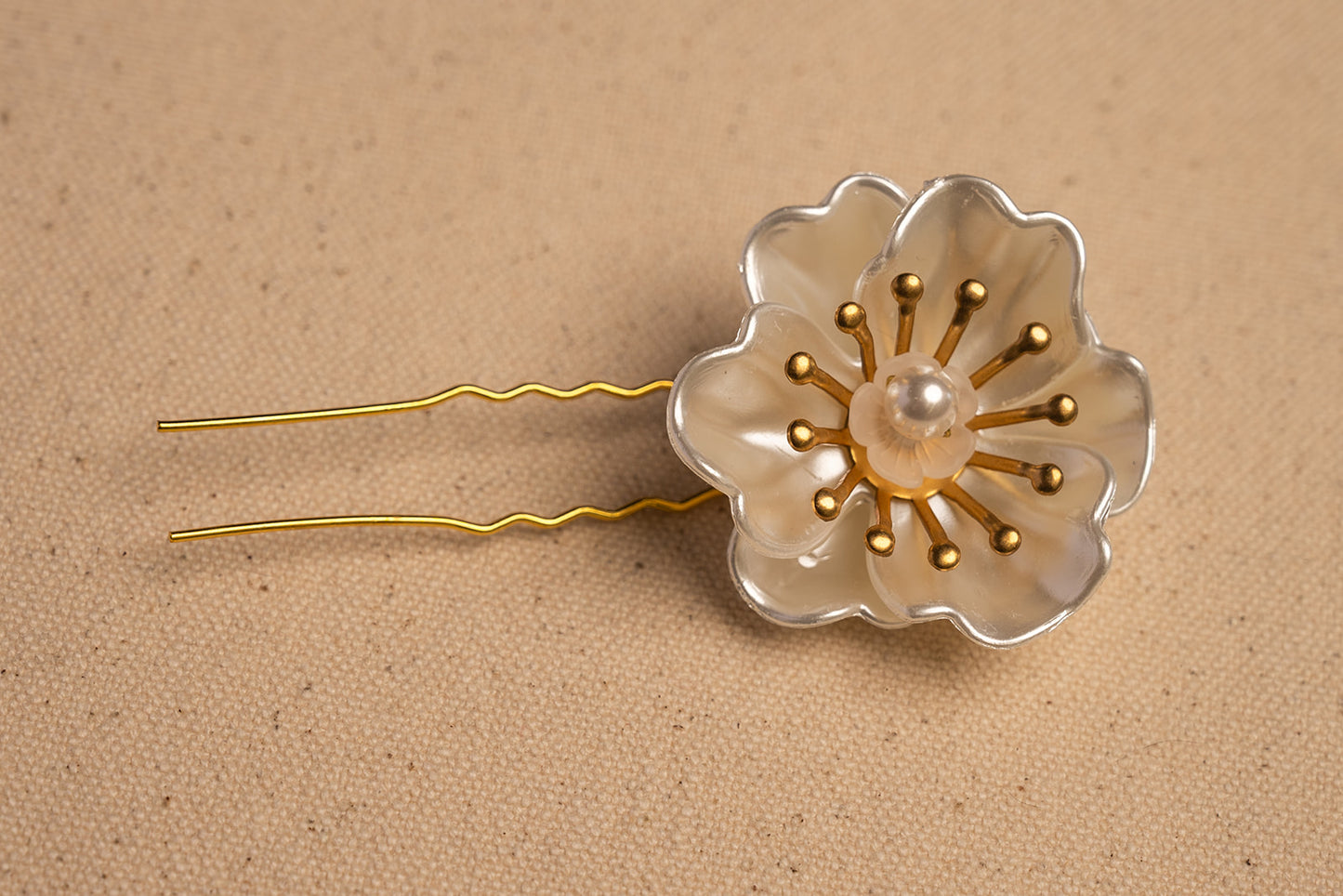 Ruffled Flower Gold and White Hairpins - Bridal hair pice, wedding hair piece, barrettes