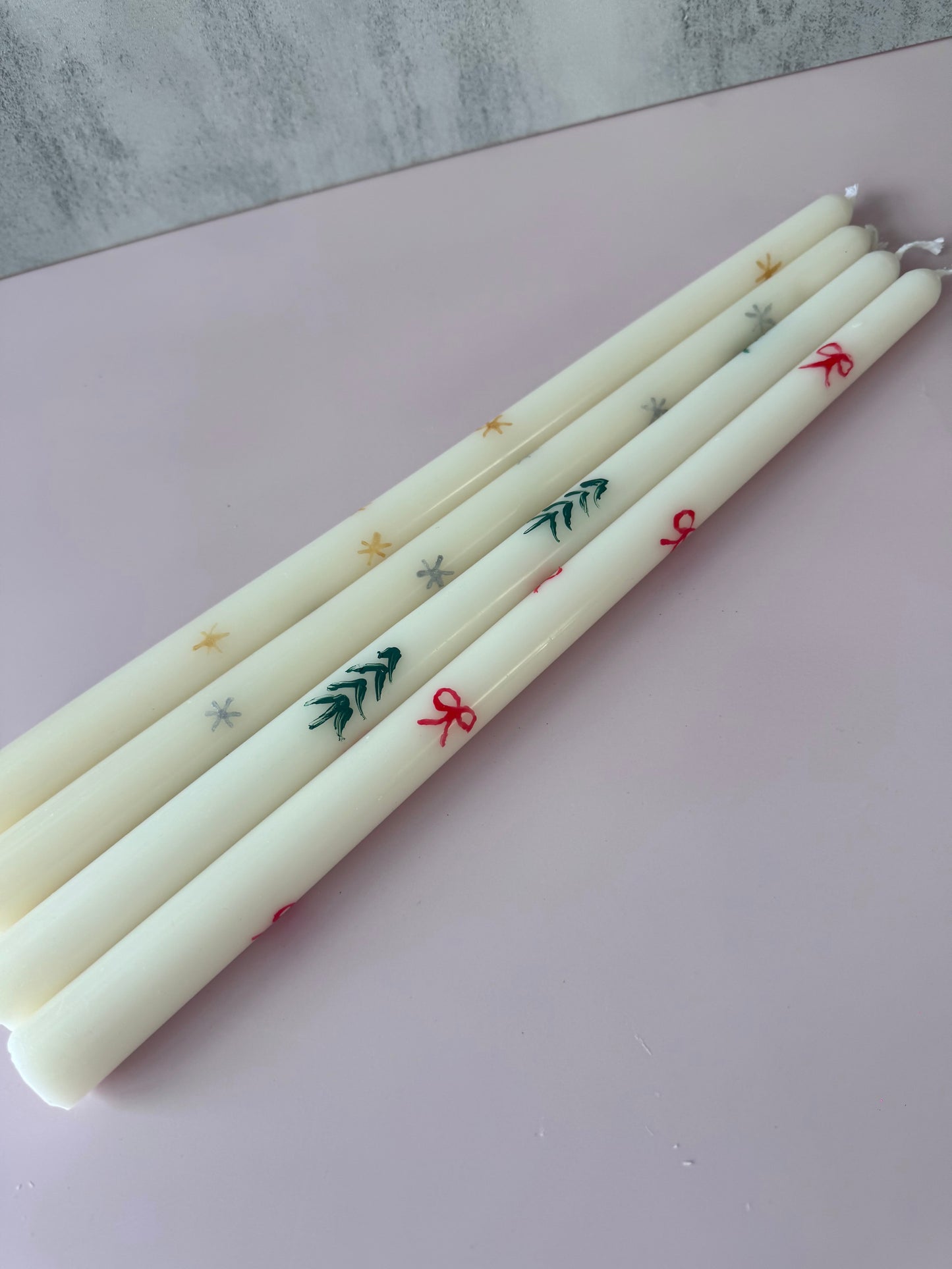 Painted Taper Candles, Christmas Tree, Red Bow, Gold Star, Silver Star candles