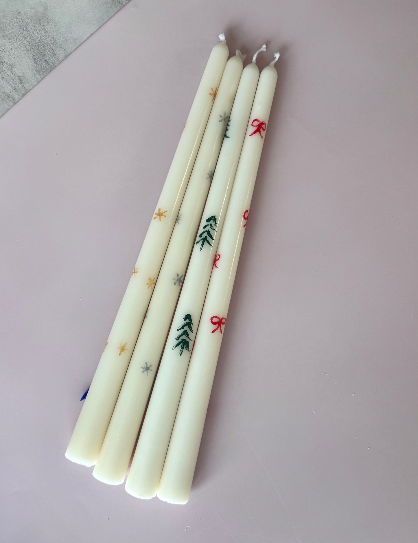 Painted Taper Candles, Christmas Tree, Red Bow, Gold Star, Silver Star candles