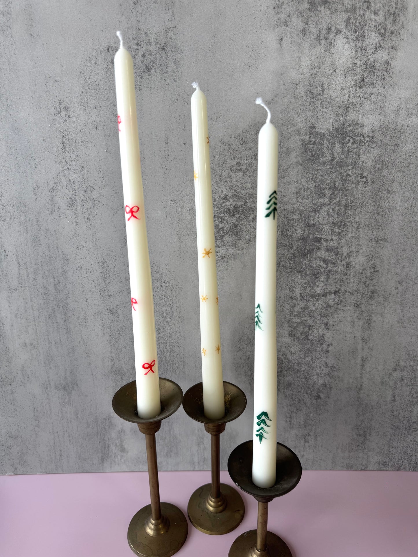 Painted Taper Candles, Christmas Tree, Red Bow, Gold Star, Silver Star candles