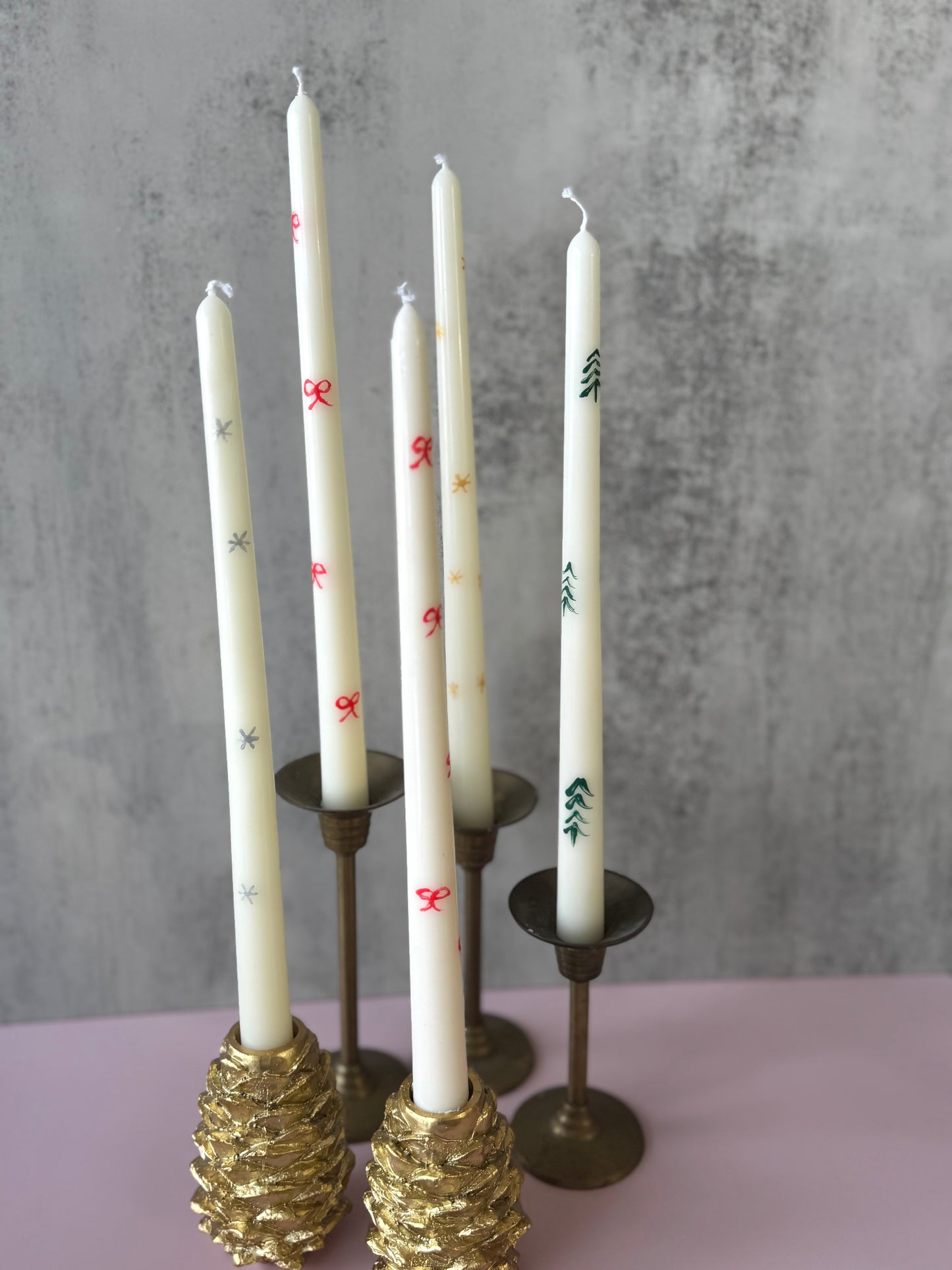 Painted Taper Candles, Christmas Tree, Red Bow, Gold Star, Silver Star candles
