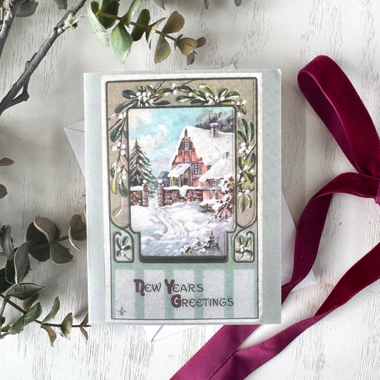 Snowy House New Years Card,  Vintage Christmas Card  - Holiday Cards, New Years, Vintage Prints, Greeting Cards