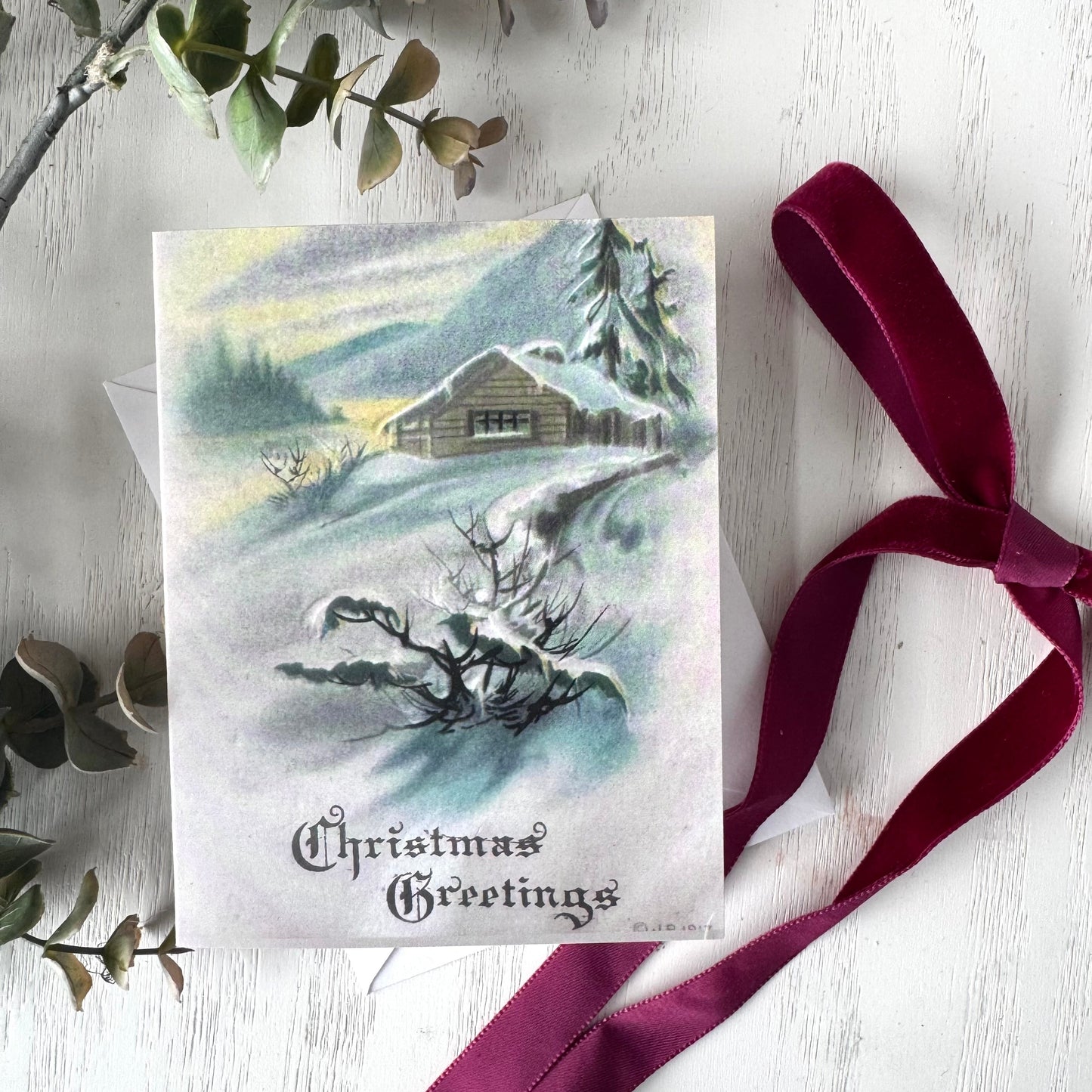 Retro Snowy Pastel Christmas Card,  Vintage Christmas Card  - Holiday Cards, New Years, Vintage Prints, Greeting Cards