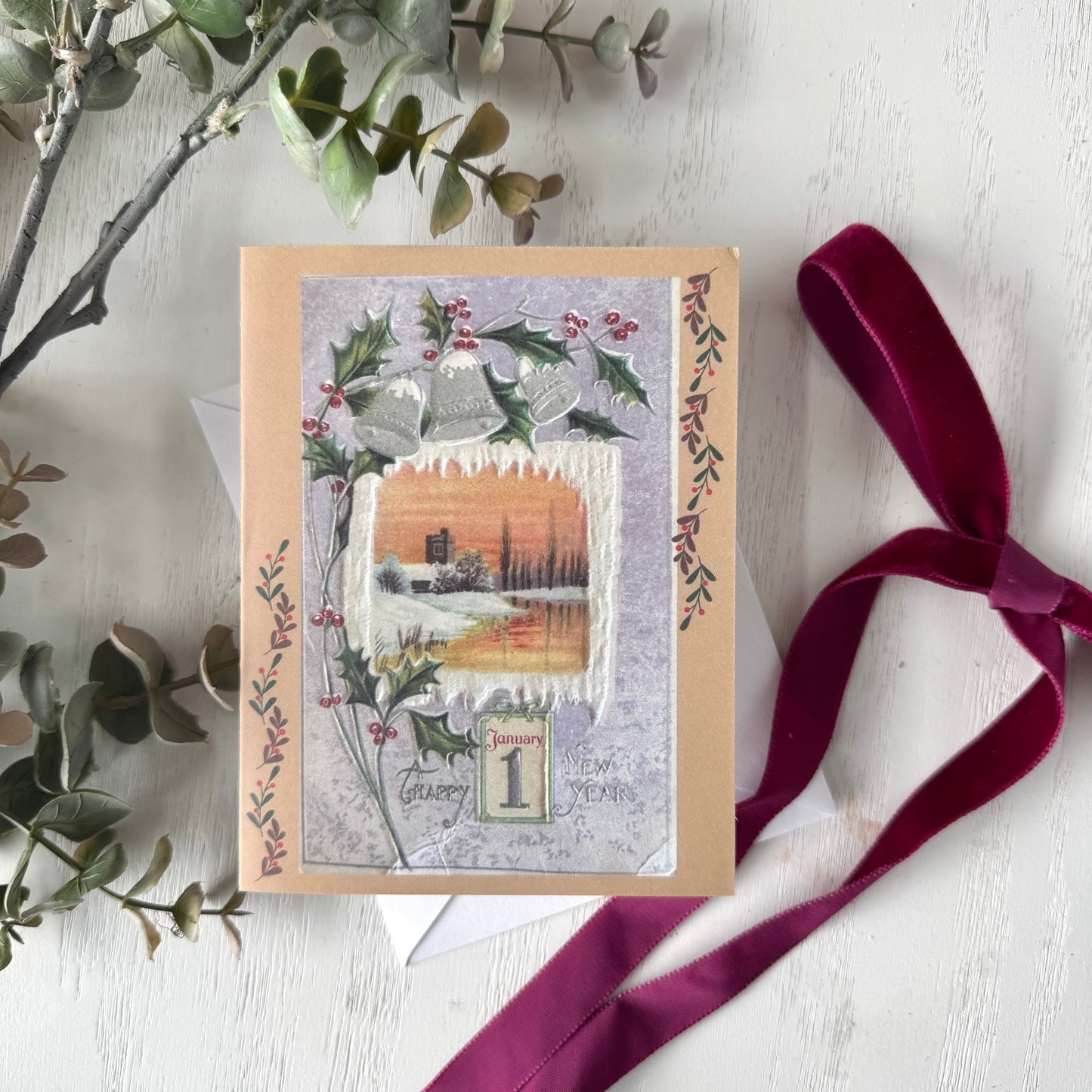 Holly Leaves New Years Card,  Vintage Christmas Card  - Holiday Cards, New Years, Vintage Prints, Greeting Cards