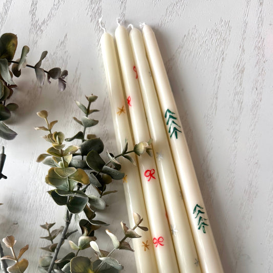 Painted Taper Candles, Christmas Tree, Red Bow, Gold Star, Silver Star candles