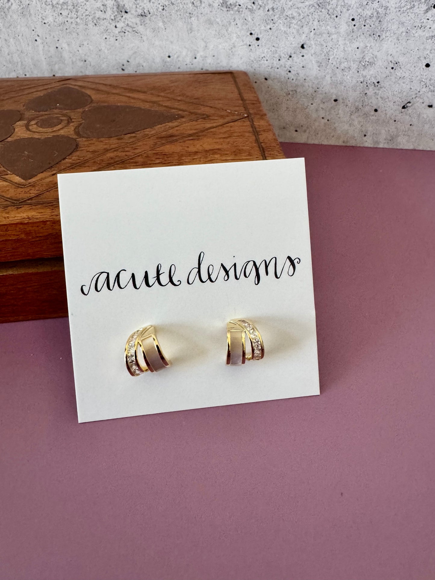 Small Gold and White Hoop Stud Earrings