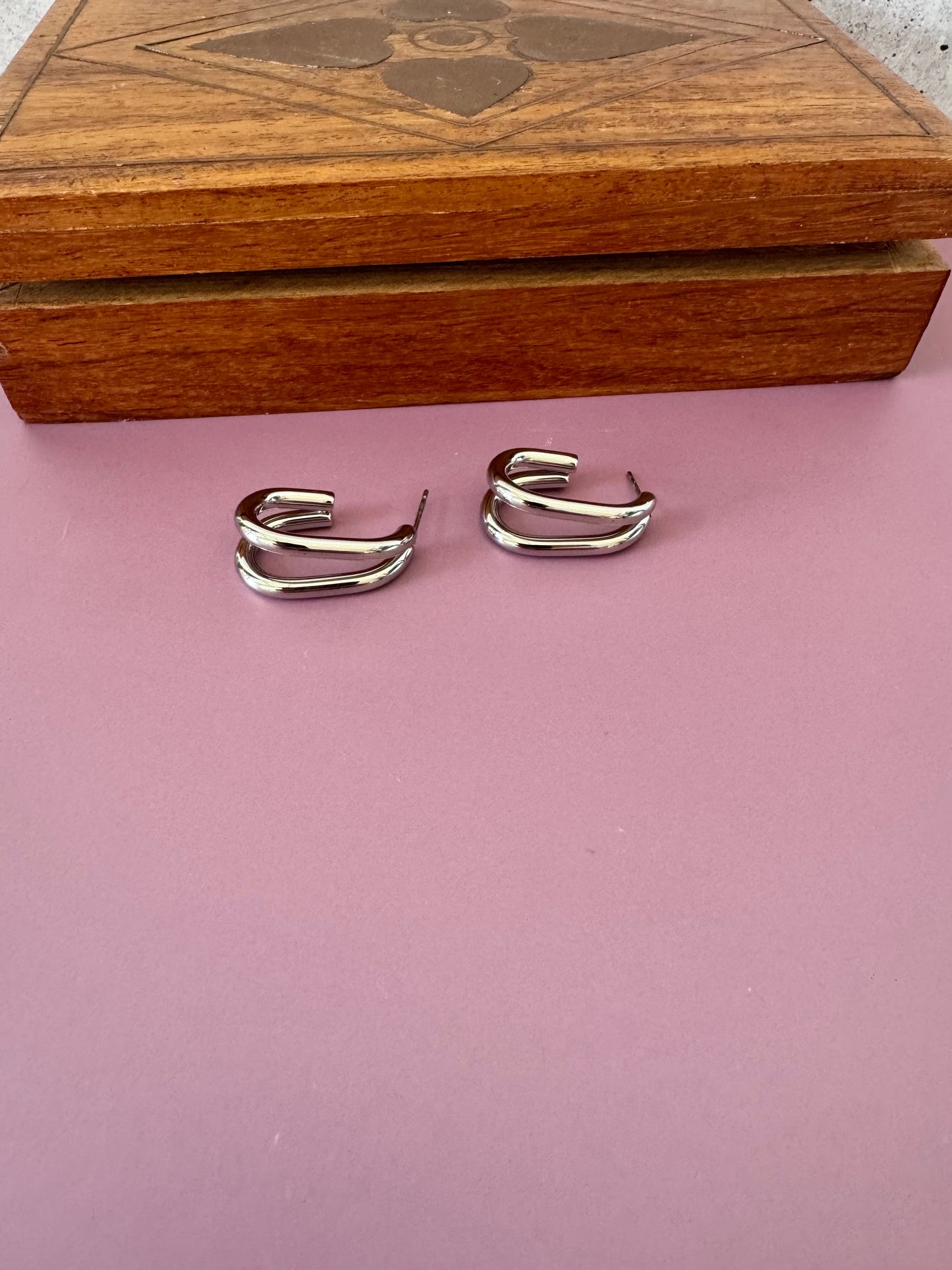 Double Oval Silver Hoop Stud Earrings
