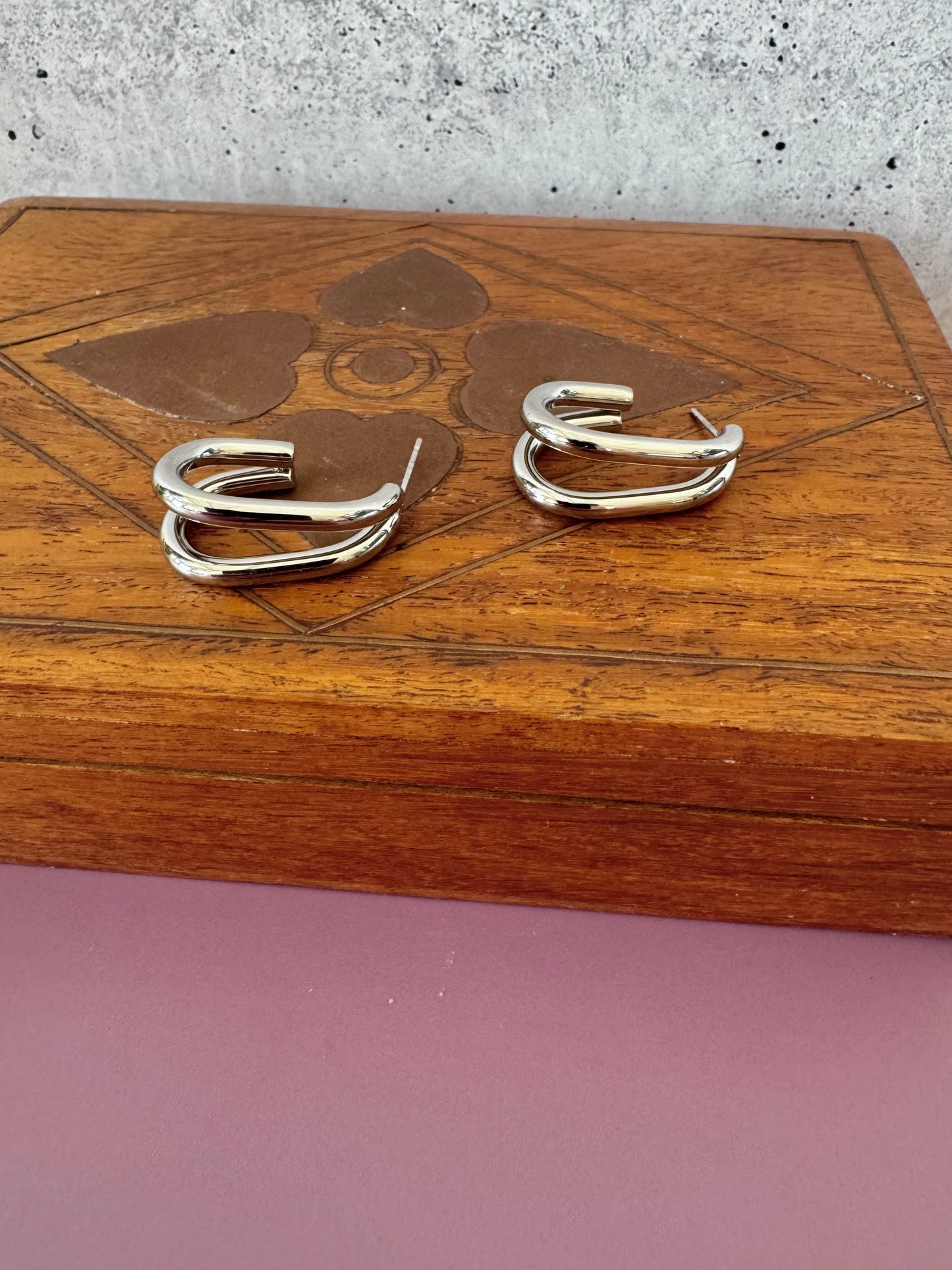 Double Oval Silver Hoop Stud Earrings
