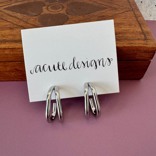Double Oval Silver Hoop Stud Earrings