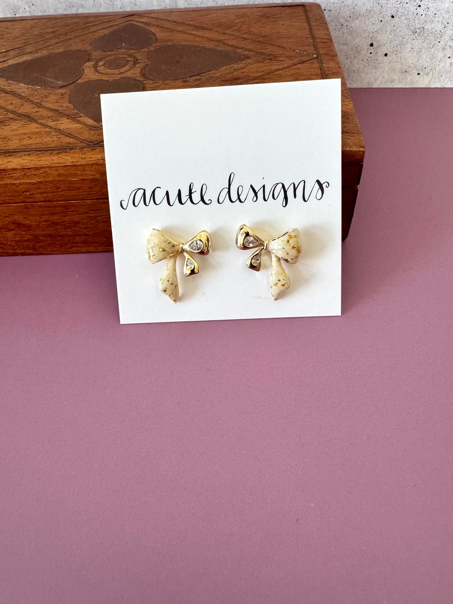 White and Gold Bow Stud Earrings