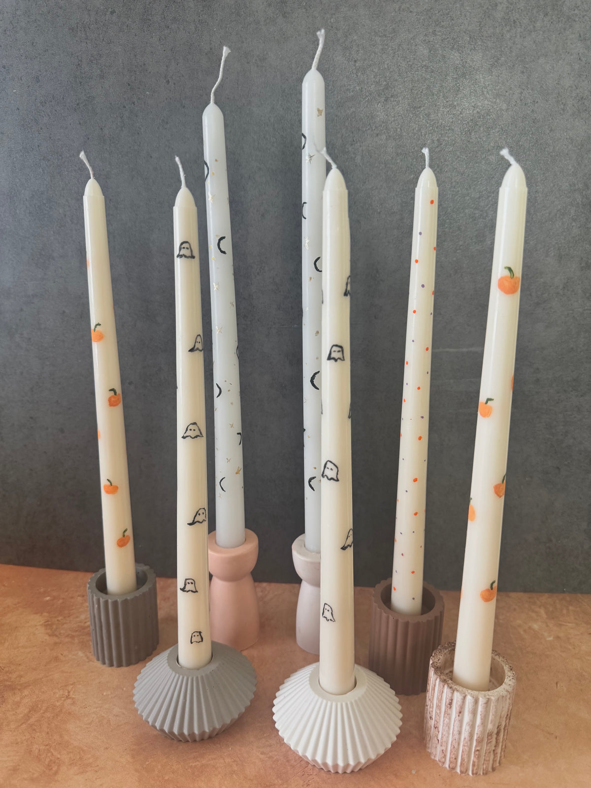 Halloween Painted Taper Candles, Fall, Autumn, Pumpkin, Ghost, Moons