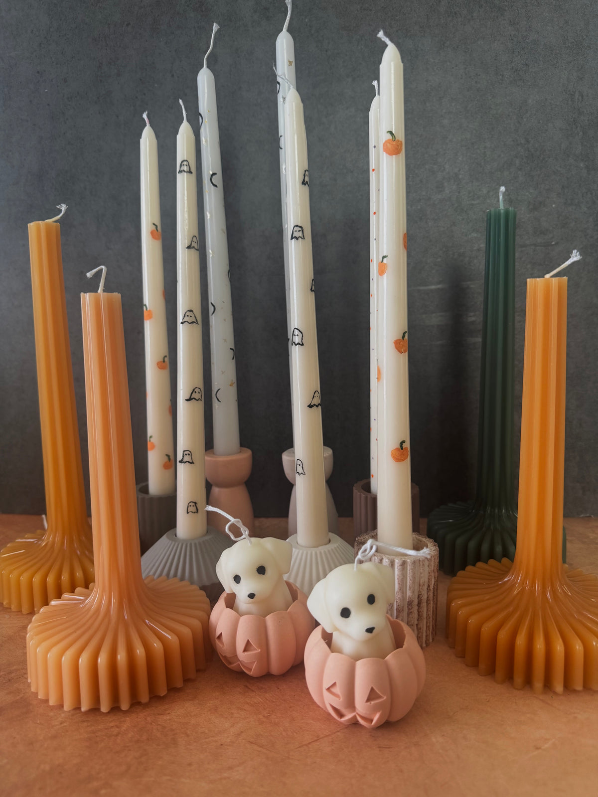 Halloween Painted Taper Candles, Fall, Autumn, Pumpkin, Ghost, Moons