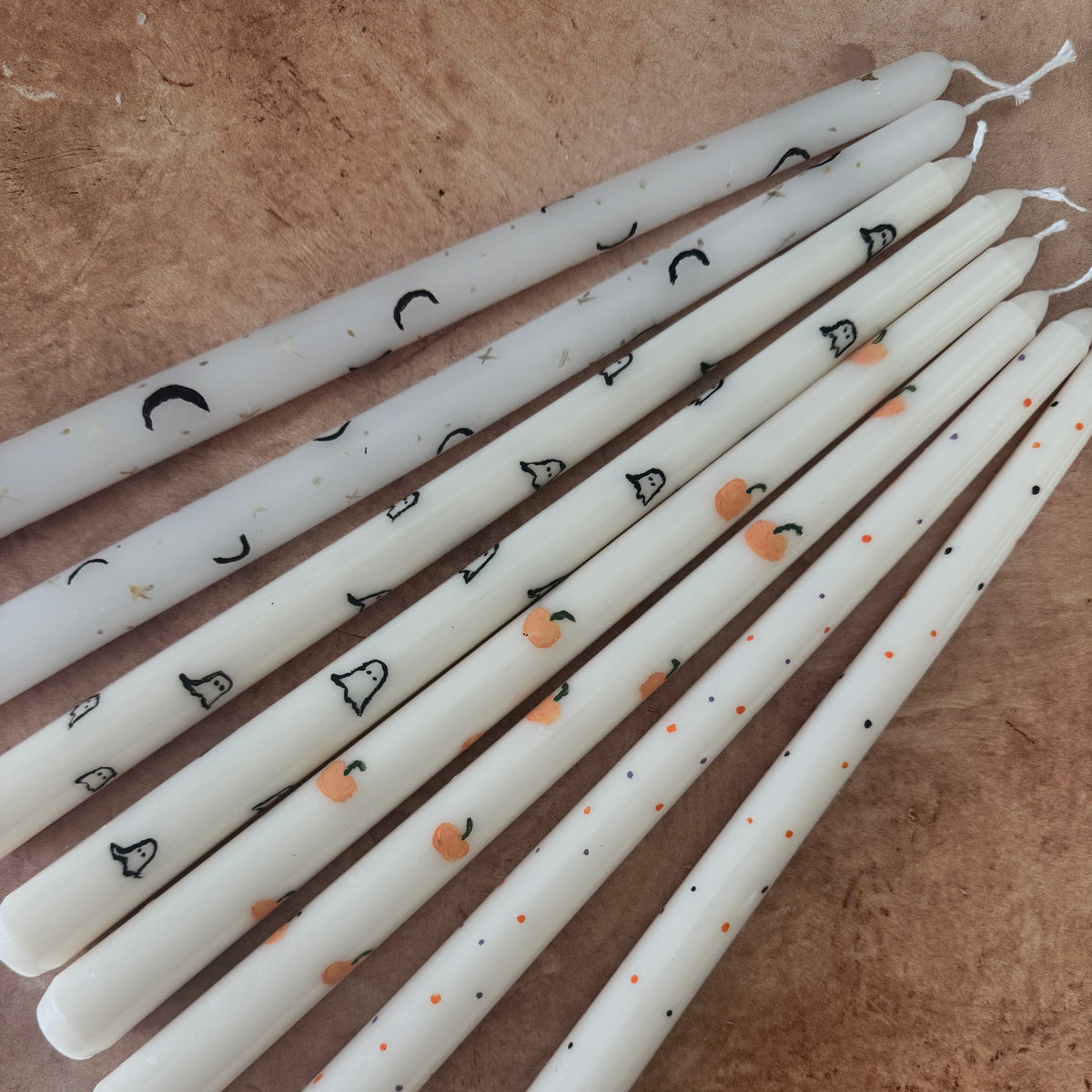 Halloween Painted Taper Candles, Fall, Autumn, Pumpkin, Ghost, Moons