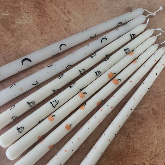 Halloween Painted Taper Candles, Fall, Autumn, Pumpkin, Ghost, Moons