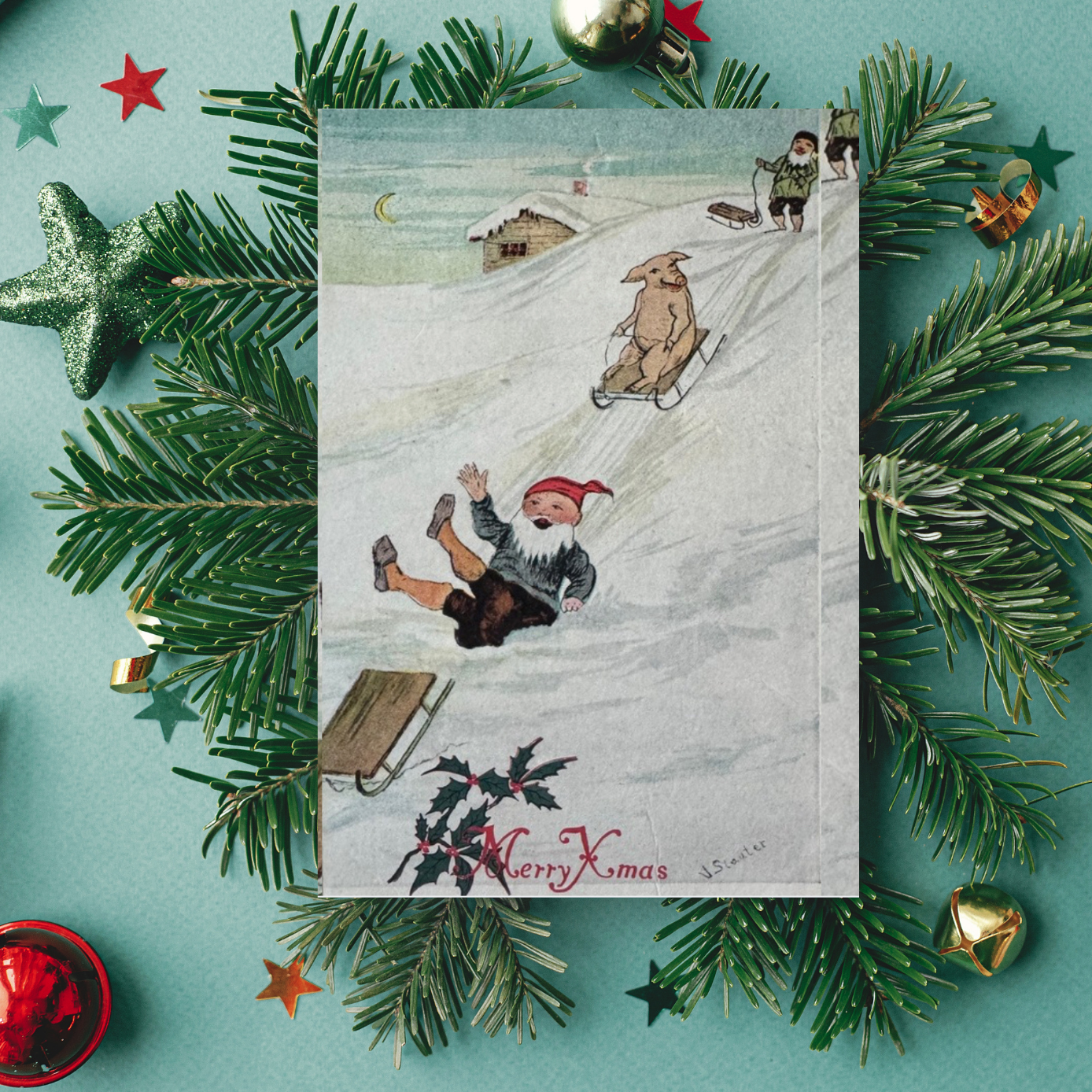 Santa and Cute Pig Funny Christmas Card,  Vintage Christmas Card  - Holiday Cards, New Years, Vintage Prints, Greeting Cards