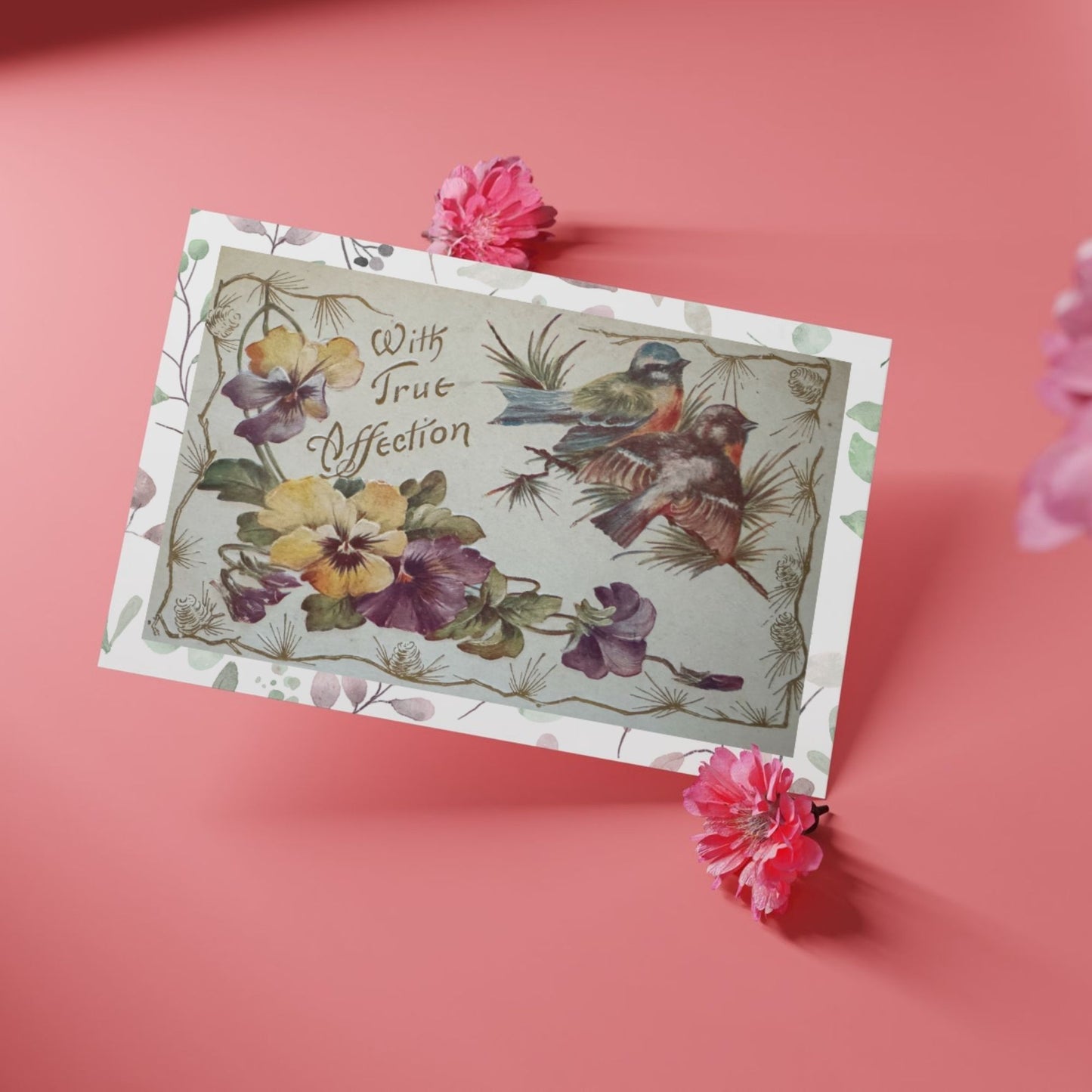 Decorative card with birds and flowers on a pink background