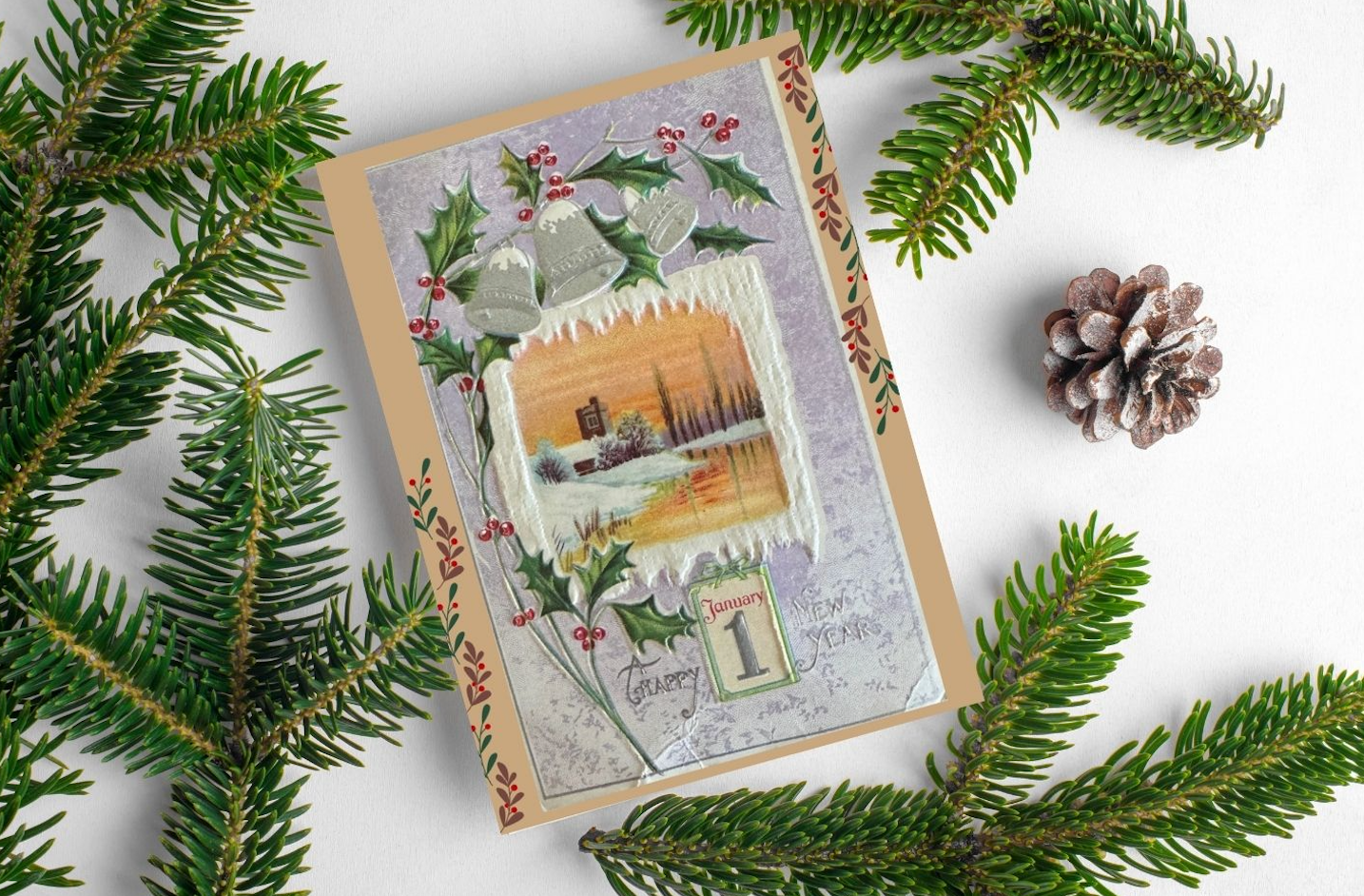 Holly Leaves New Years Card,  Vintage Christmas Card  - Holiday Cards, New Years, Vintage Prints, Greeting Cards