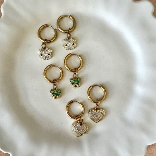 Sparkly Charm Hoops - hearts, cats, teddy bears