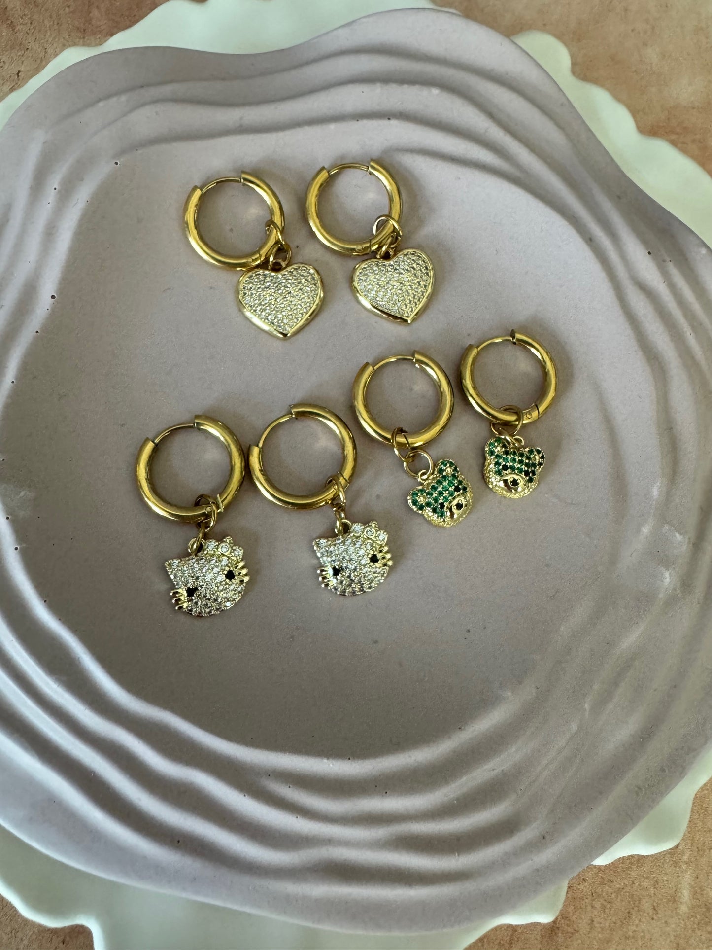 Sparkly Charm Hoops - hearts, cats, teddy bears