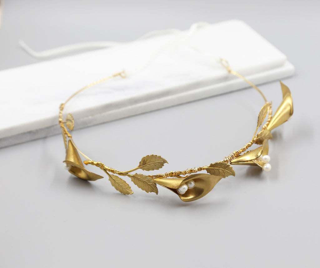 Calla Lily Crown, Hairpiece, Wedding Accessory, Bridal, Gold Wedding Head Piece, Hair Accessories, Headband