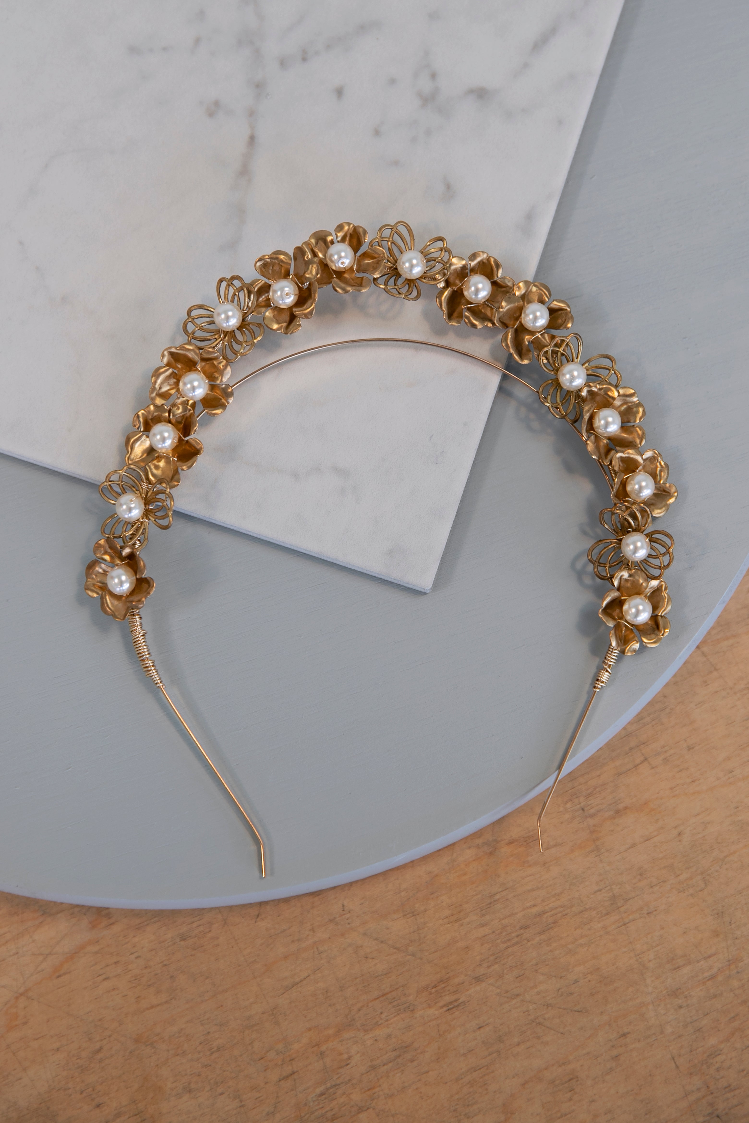 Rosa - Gold Floral Buds and Pearl Tiara, headband, crown