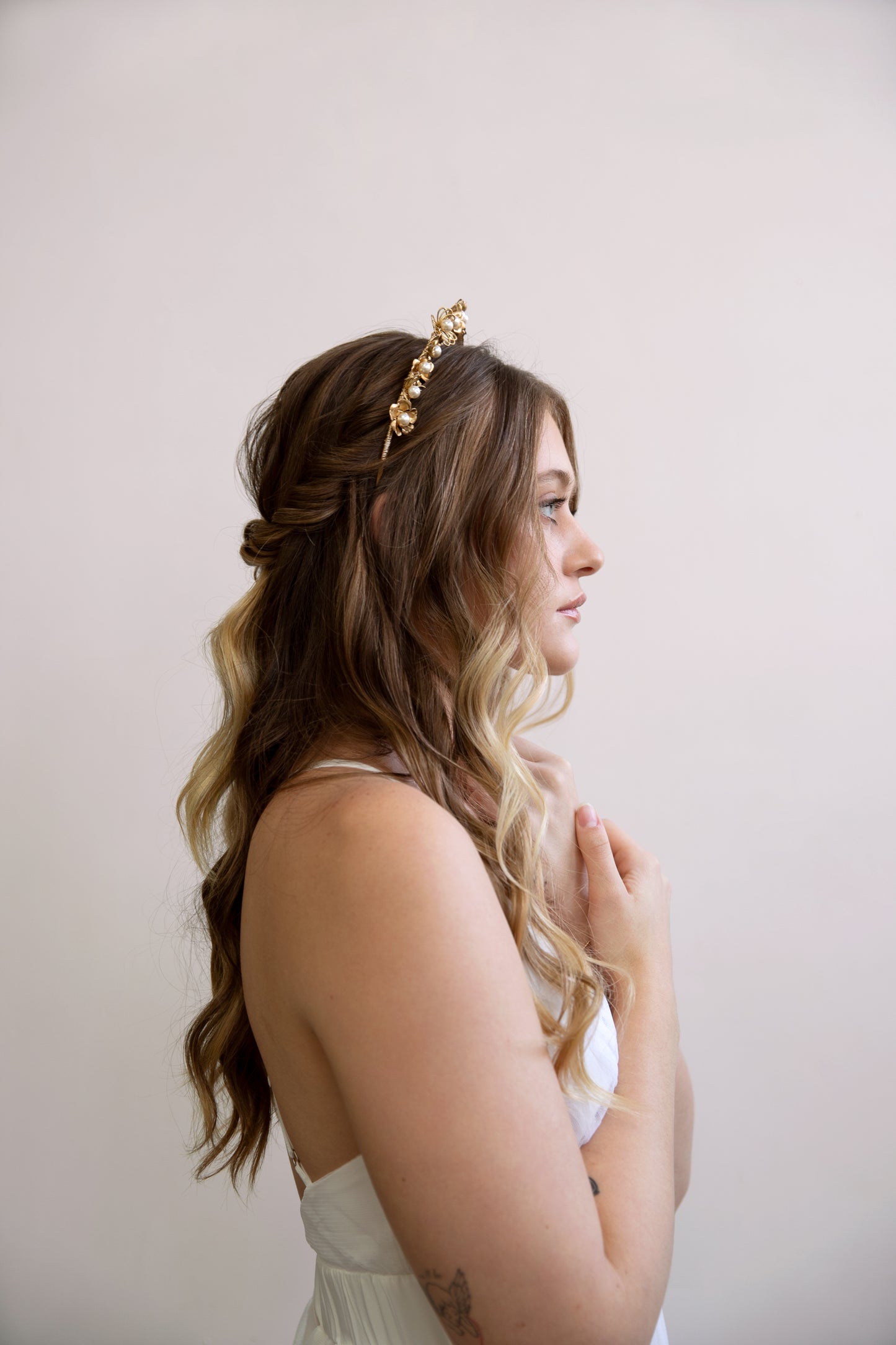 Rosa - Gold Floral Buds and Pearl Tiara, headband, crown