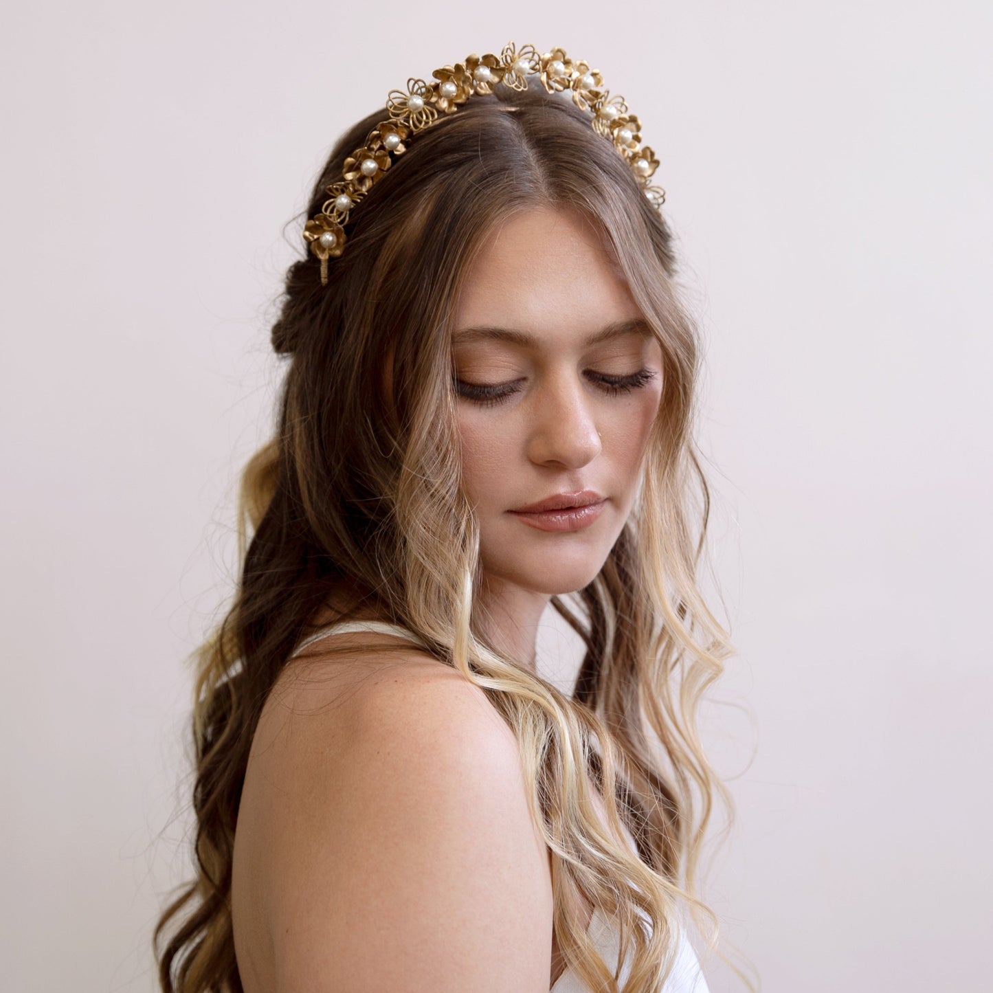 Rosa - Gold Floral Buds and Pearl Tiara, headband, crown