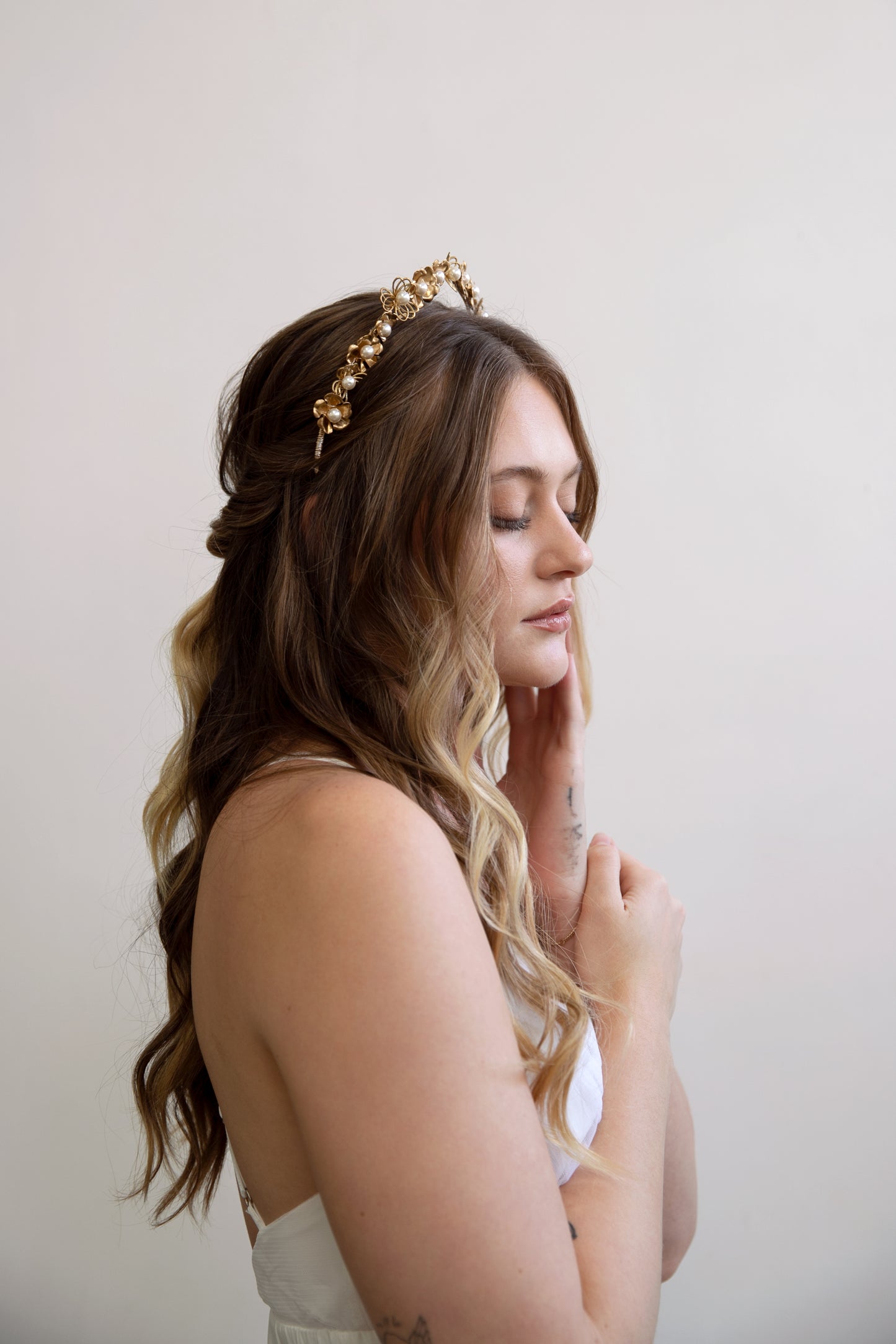Rosa - Gold Floral Buds and Pearl Tiara, headband, crown